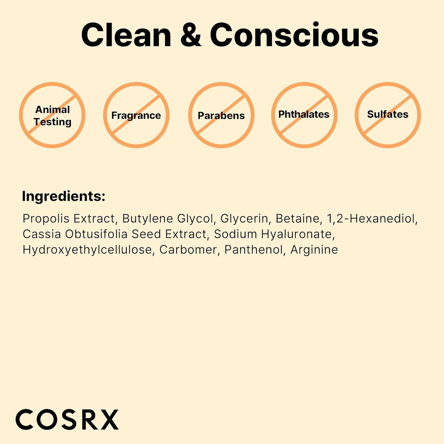 Testo: Clean & Conscious. Nessun test sugli animali, profumi, parabeni, ftalati, solfati. Ingredienti. Marchio: COSRX.