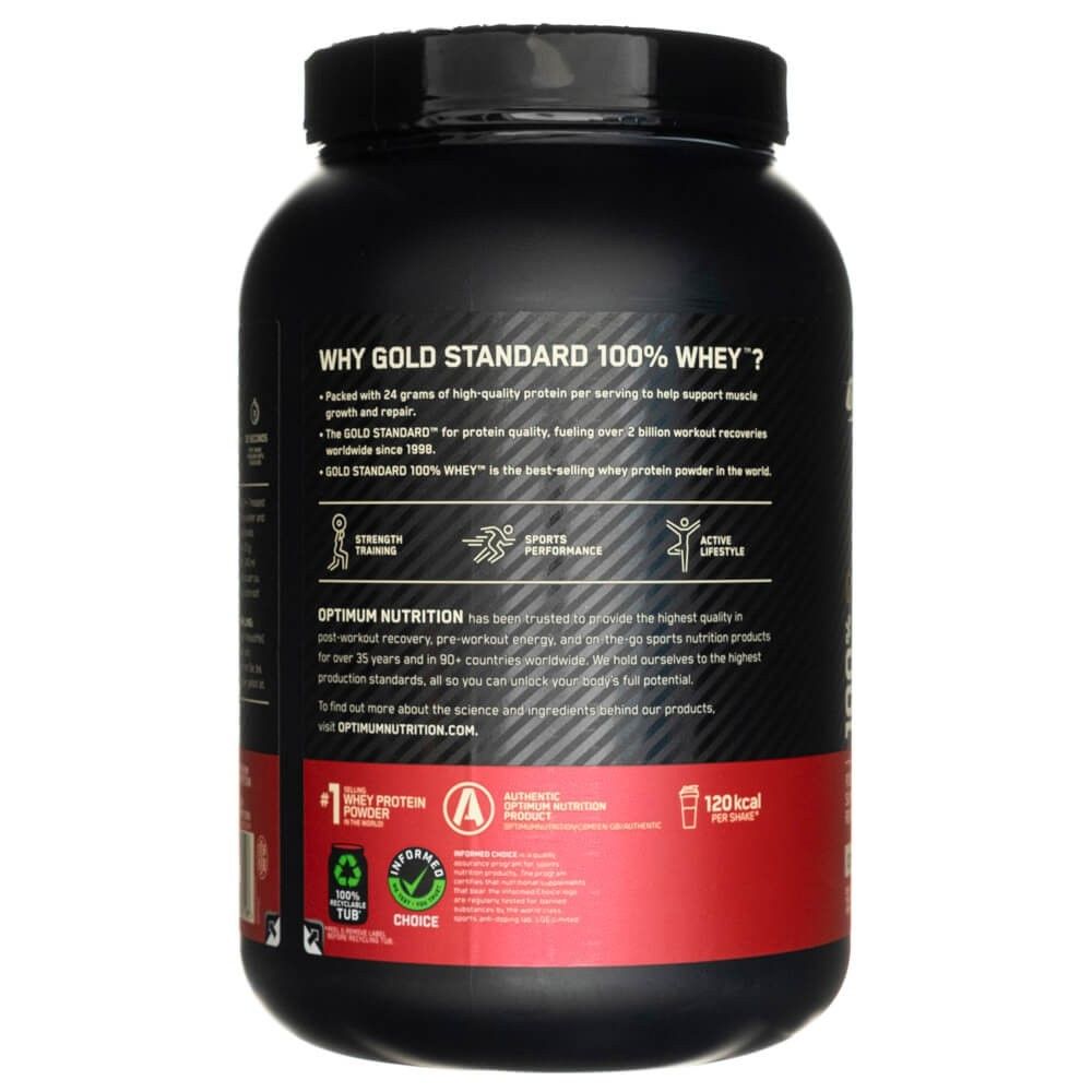 Retro di un barattolo Optimum Nutrition Gold Standard 100% Whey. Informazioni sui benefici, ingredienti e marchi di qualità.