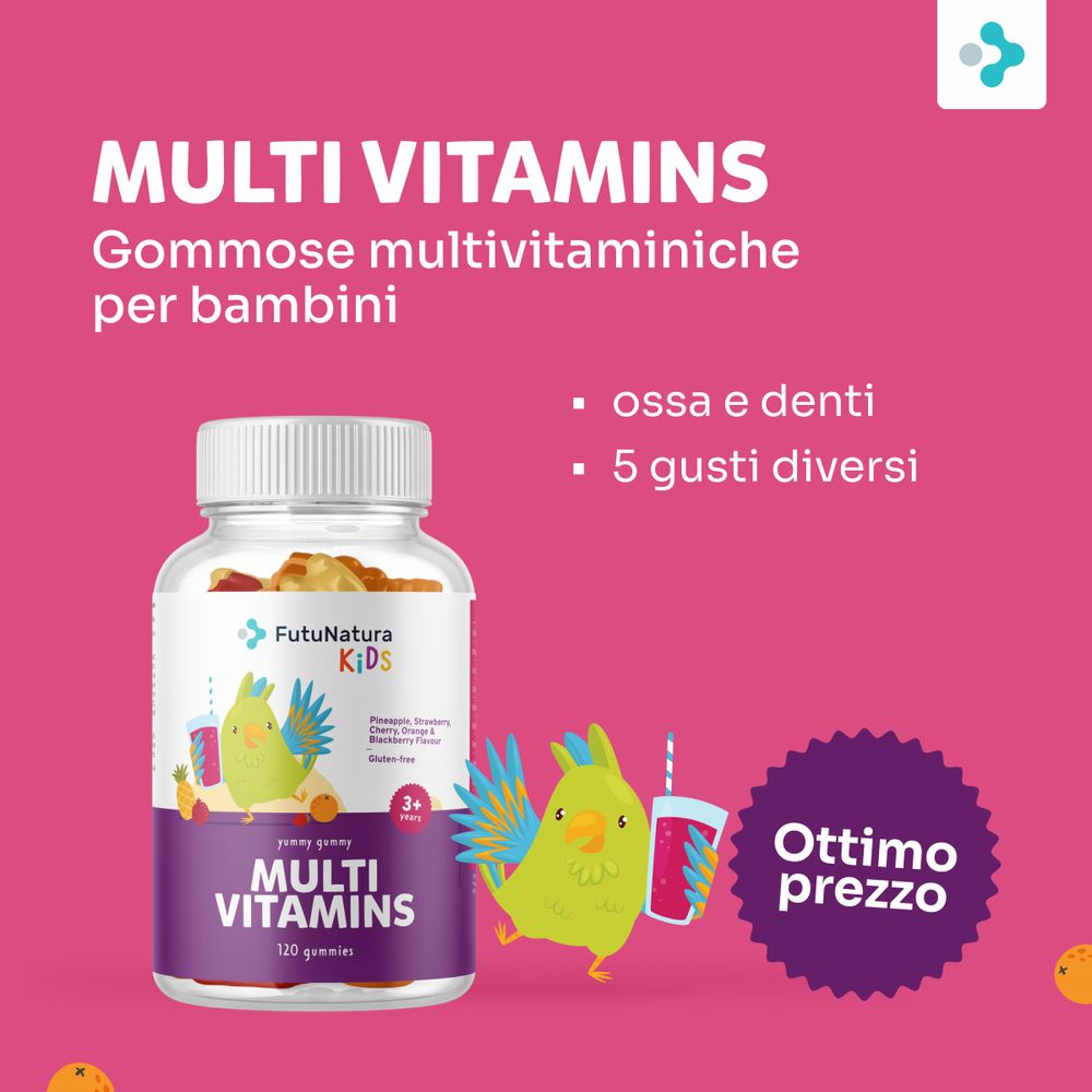 Bottiglia di FutuNatura Kids Multi Vitamins. Testo: Multi Vitamins, Gommose multivitaminiche per bambini. Benefici: ossa e denti, 5 gusti diversi.