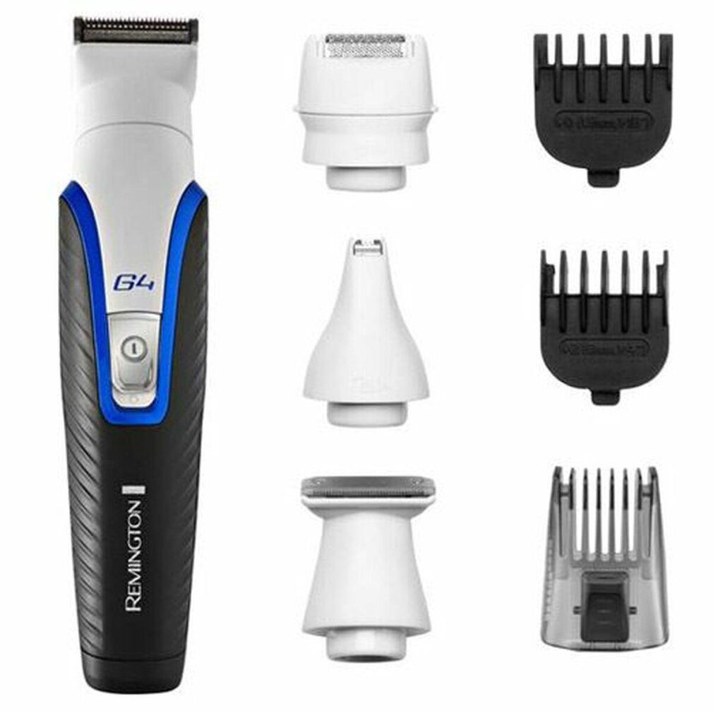 Tagliacapelli/barba con accessori. Include trimmer, rifinitore naso, 3 pettini. Nero, bianco e blu.