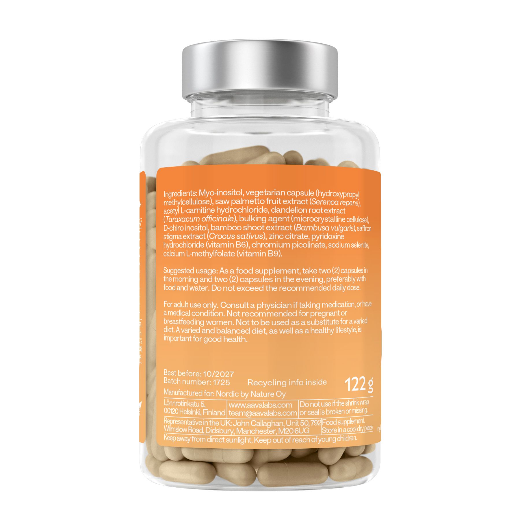 Retro del flacone con ingredienti e istruzioni per l'uso. Contiene Myo-inositolo, D-chiro-inositolo e altri ingredienti.