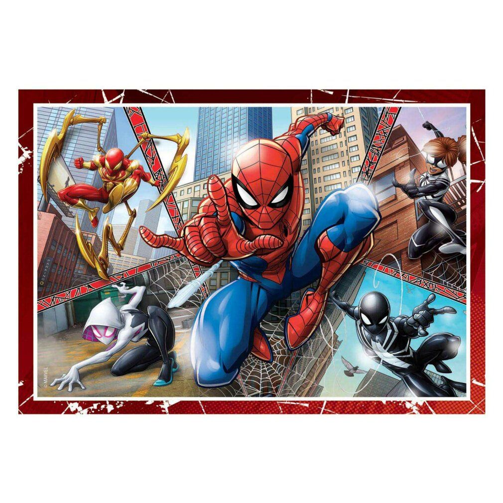 Puzzle con illustrazioni di Spiderman. Cornice rossa. Personaggi in azione.