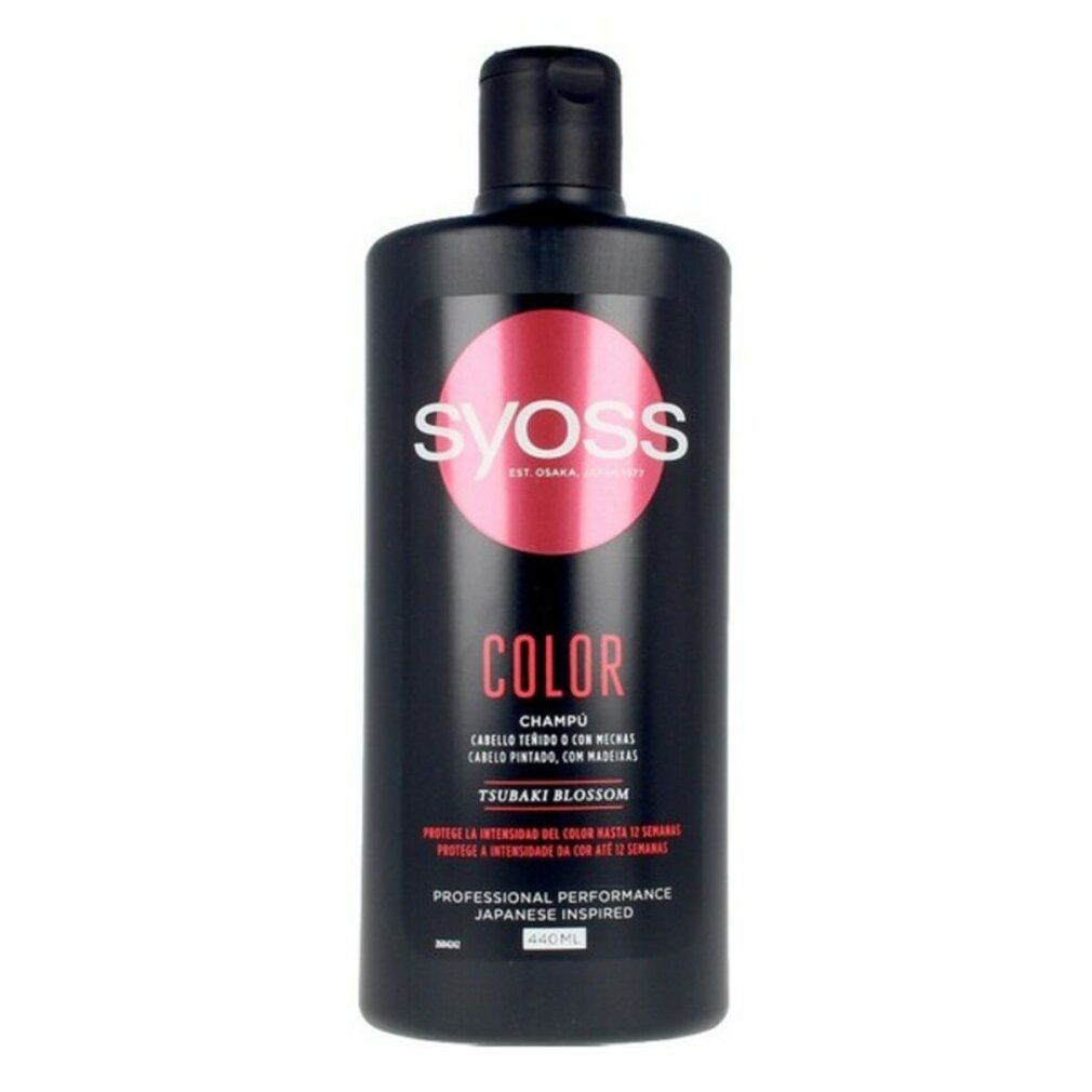 Flacone di shampoo nero con cerchio rosso e scritta bianca SYOSS. Testo: COLOR, TSUBAKI BLOSSOM. Performance professionale.