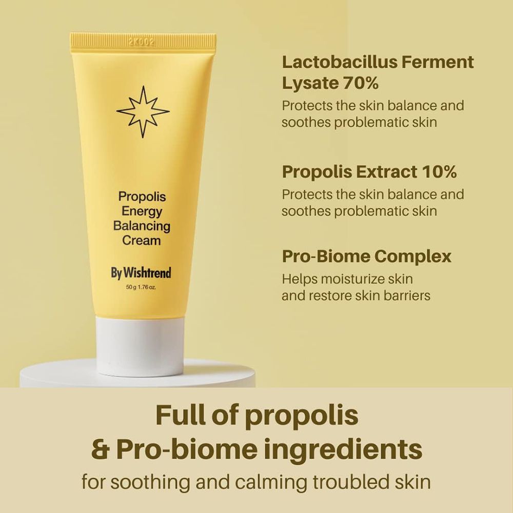 Tubo giallo con testo e ingredienti. Testo: Propolis Energy Balancing Cream, By Wishtrend. Ingredienti: Lactobacillus, Propolis, Pro-Biome.