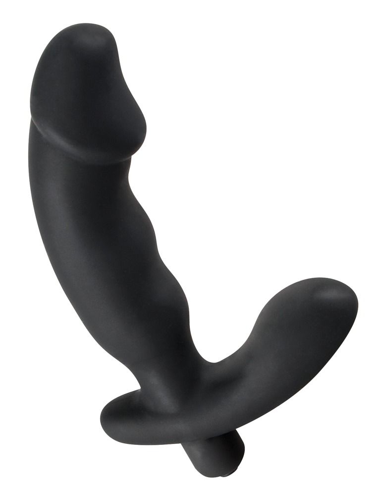 Vibratore nero a forma di pene. Modellato con un fusto e una base.