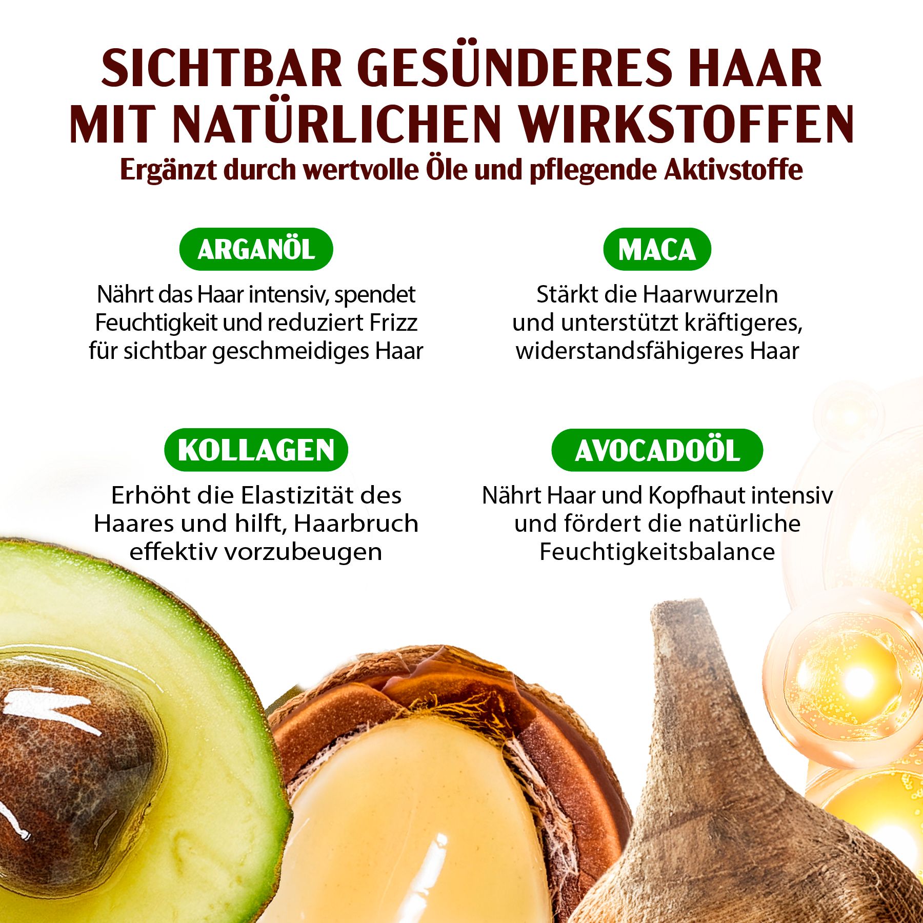 Scritta: Capelli visibilmente più sani con ingredienti naturali. Ingredienti: Olio di Argan, Maca, Collagene, Olio di Avocado. Illustrazione del prodotto.