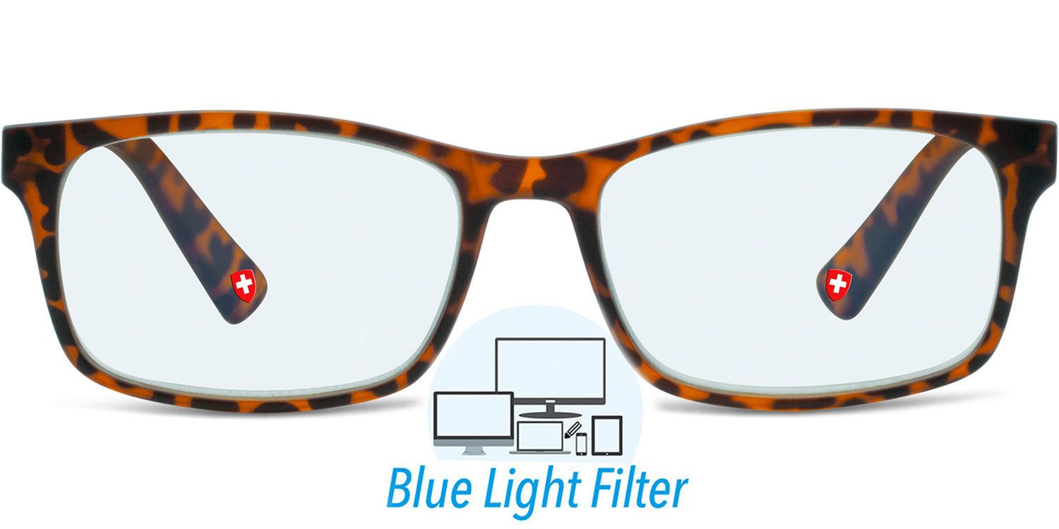 Occhiali con montatura marrone e lenti rettangolari. Logo croce rossa sulle aste. Logo filtro luce blu.