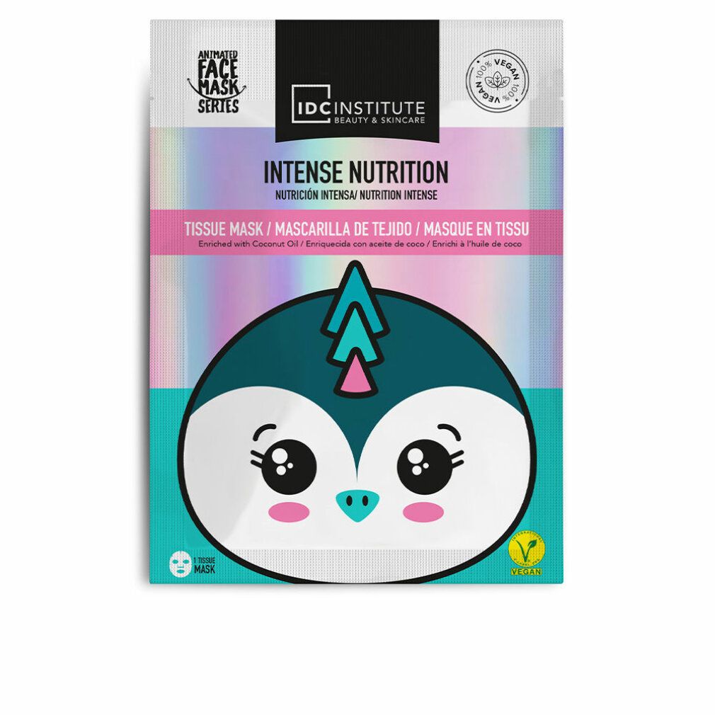 Maschera viso con design pinguino. Confezione con scritta 'Intense Nutrition' e 'Vegan'.