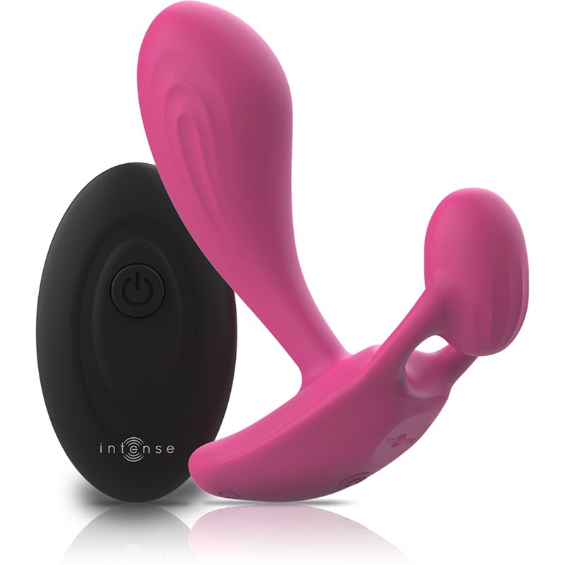 Vibratore rosa con telecomando, marca Intense, in movimento.