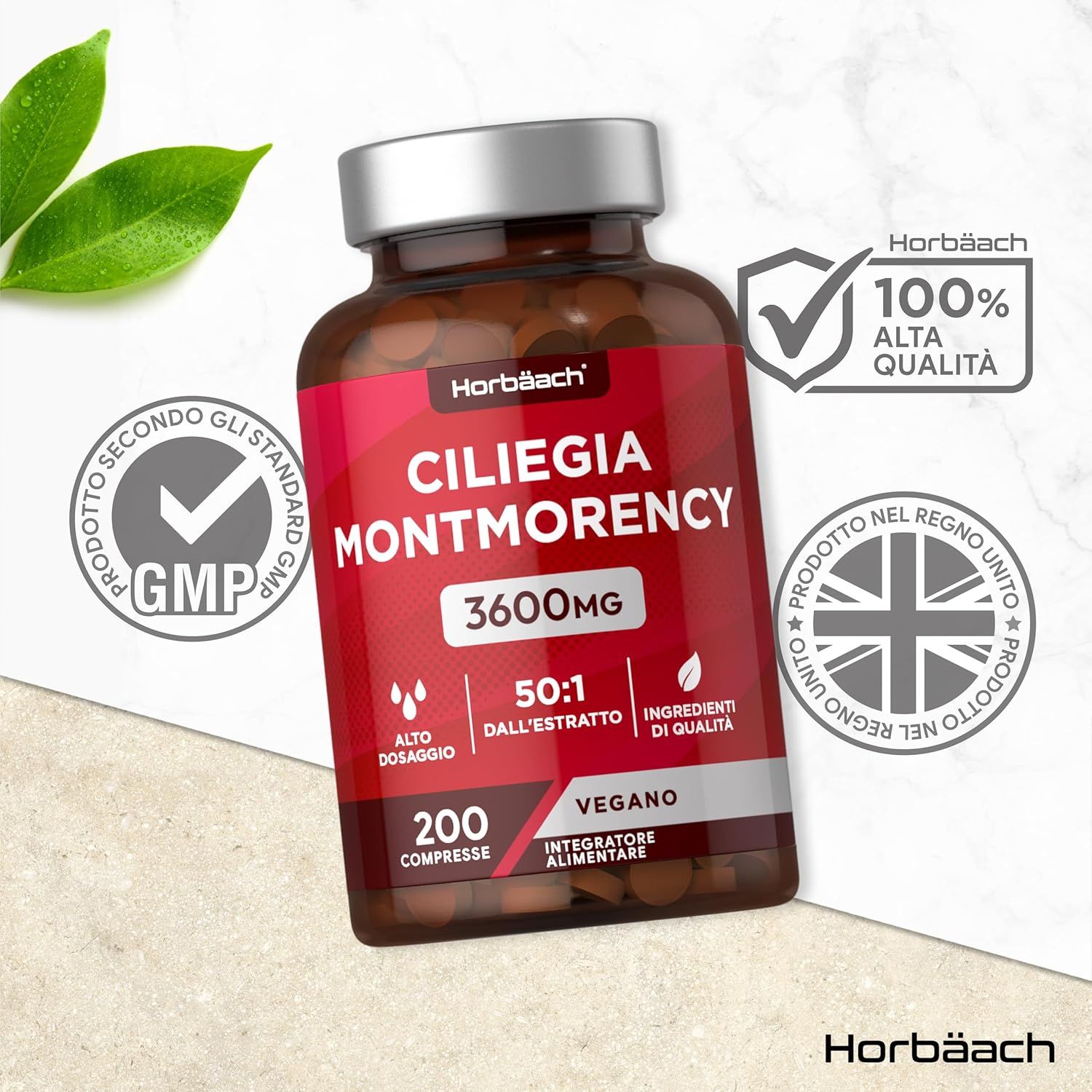 Flacone di compresse con etichetta rossa. Certificazione GMP, 100% qualità, prodotto nel Regno Unito. Horbaach Ciliegia Montmorency.