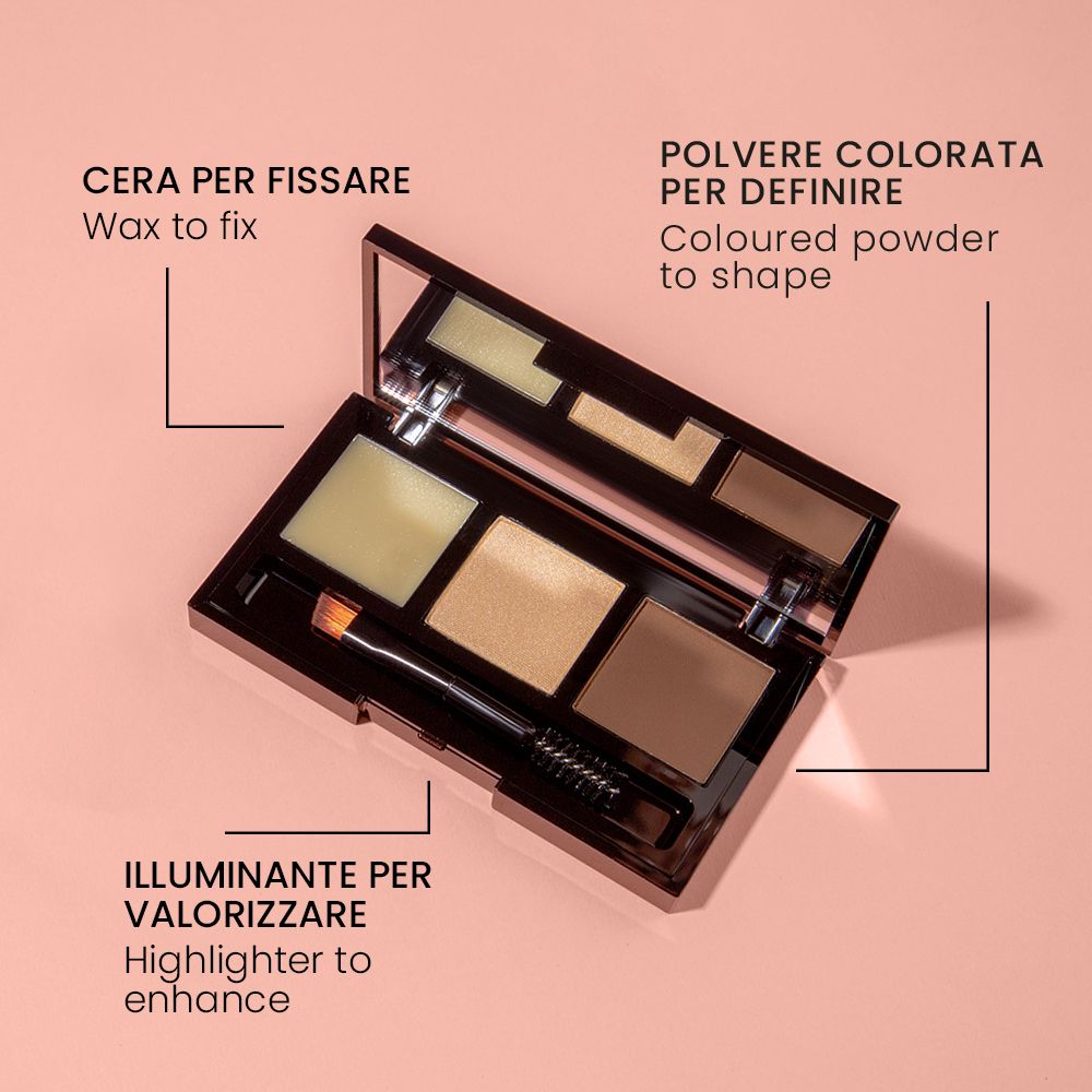 Palette Mia Makeup aperta con tre tonalità, specchio e applicatore. Etichette: cera, illuminante, polvere.