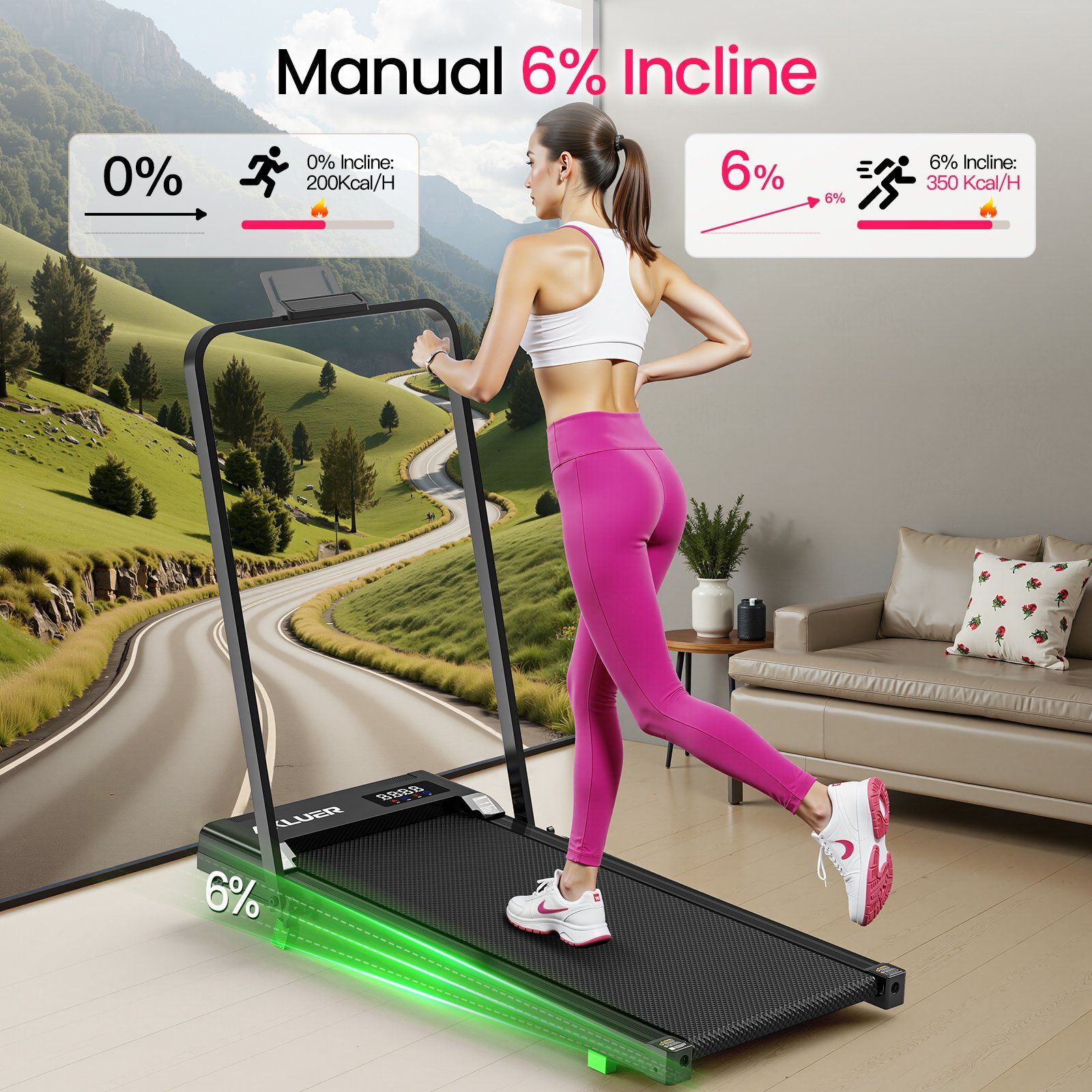 Tapis roulant con donna, mostra pendenza manuale del 6% per un allenamento più intenso.