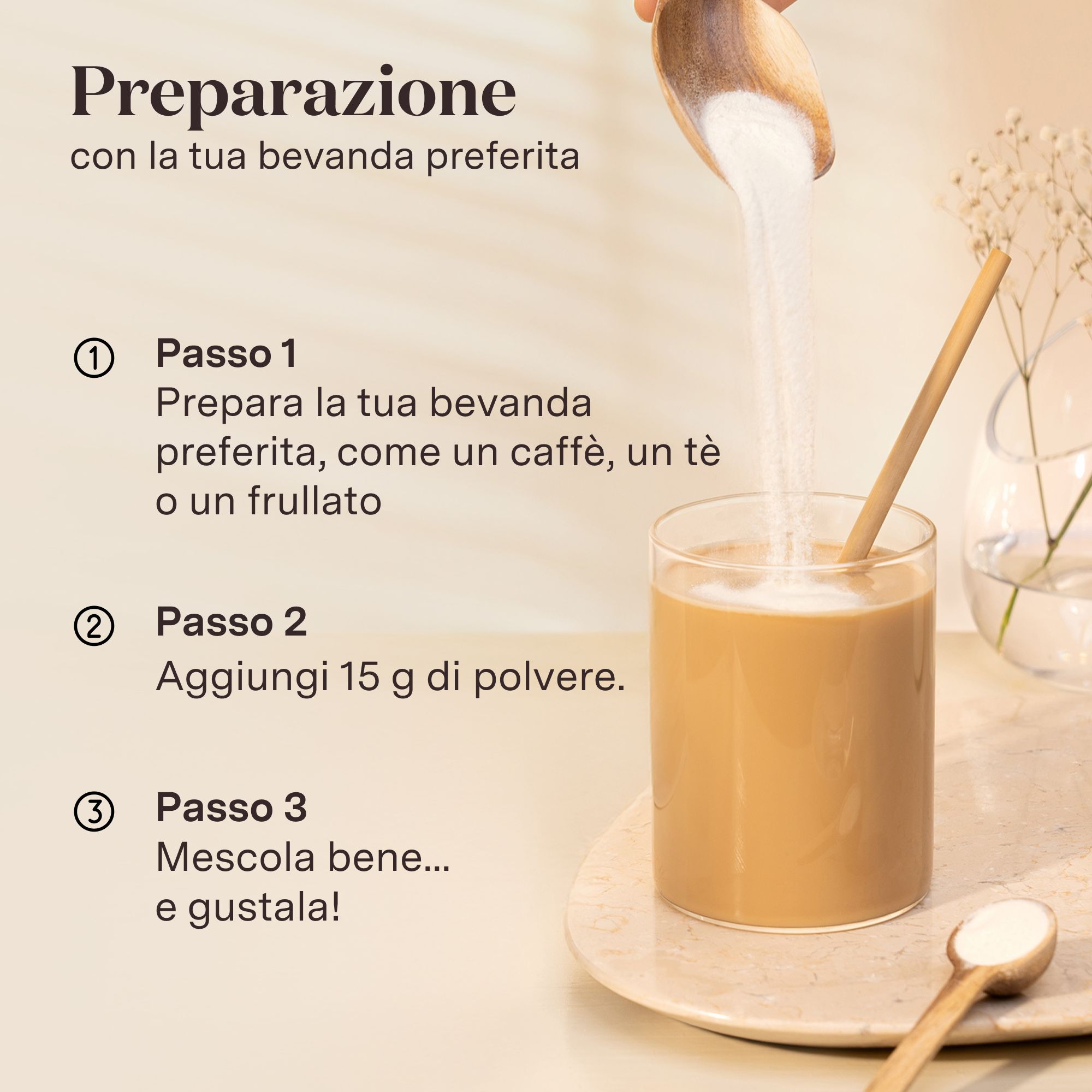 Istruzioni per la preparazione con Glow25 Collagen. Polvere in bevanda.