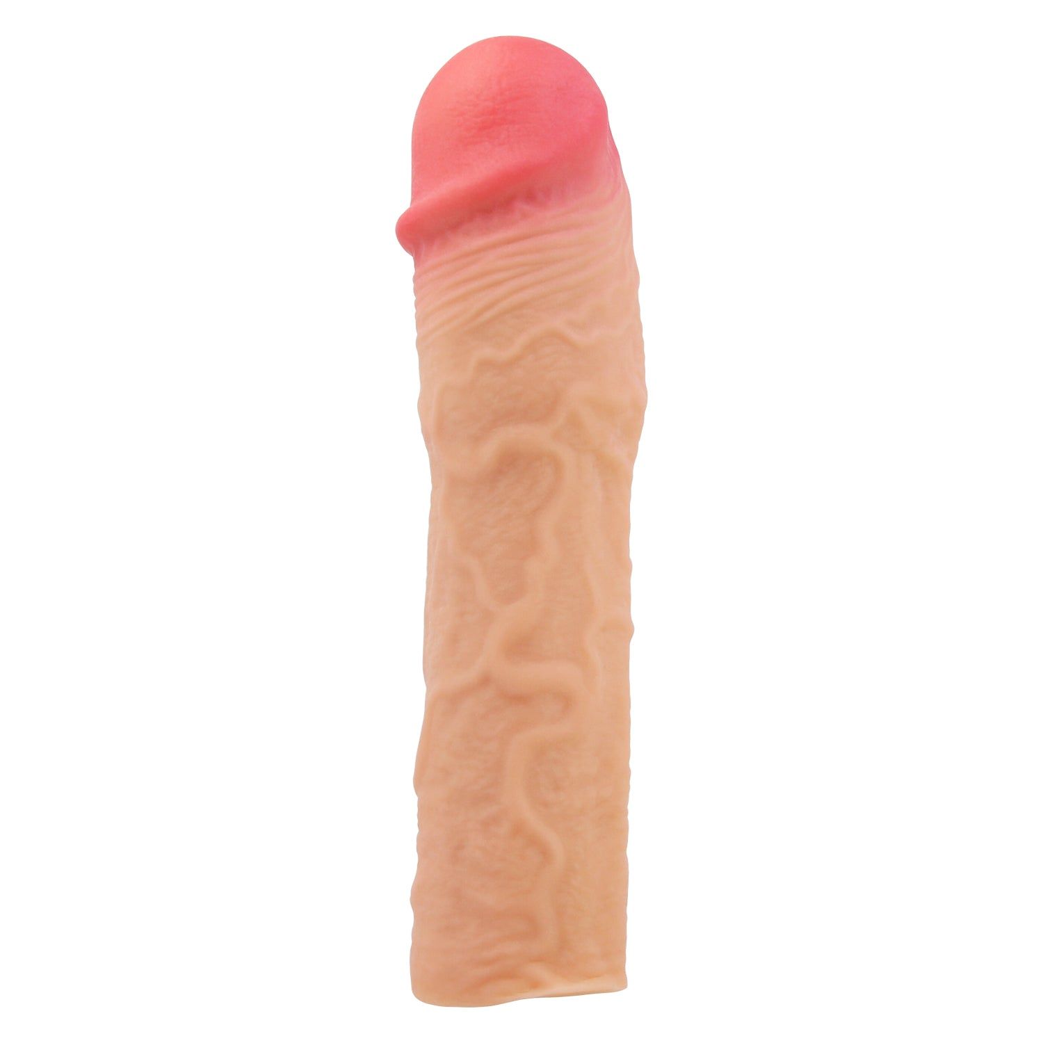 Prolunga per pene beige con testa rosa. Superficie nervata, forma anatomica. Su sfondo bianco.