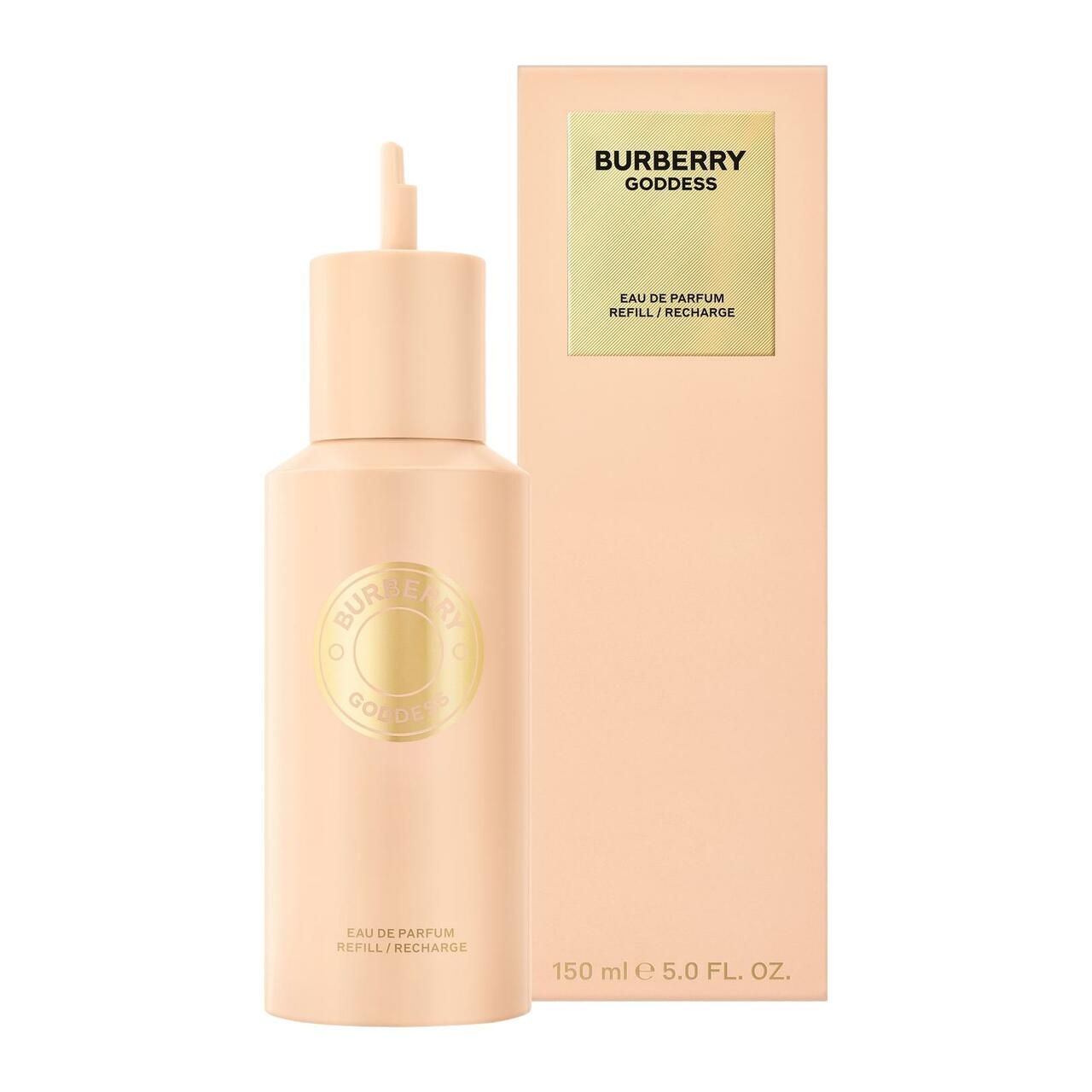 Flacone e confezione beige. Scritta: Burberry Goddess, Eau de Parfum, Refill/Recharge. 150 ml.