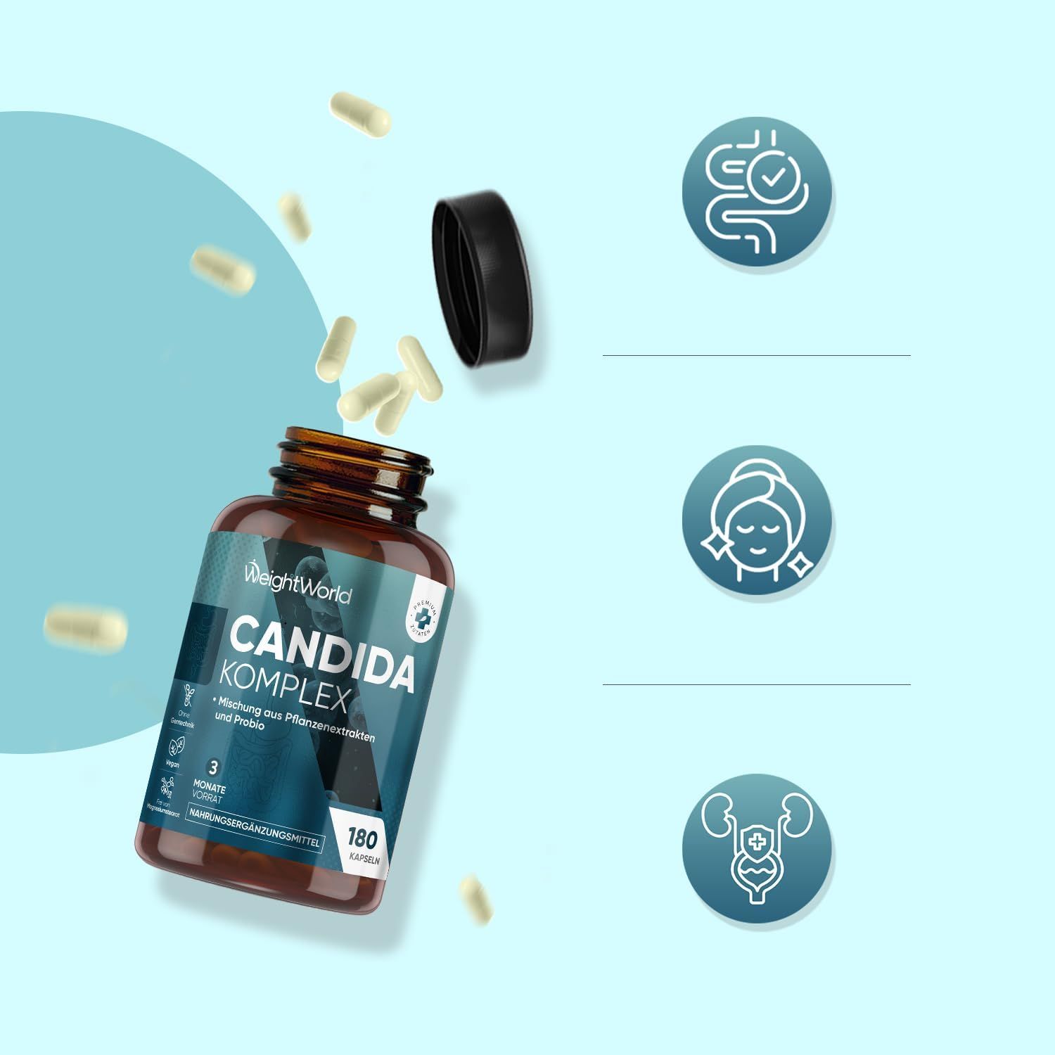 Flacone marrone con capsule. Scritta: Candida Komplex. 180 capsule. Le capsule cadono dal flacone.
