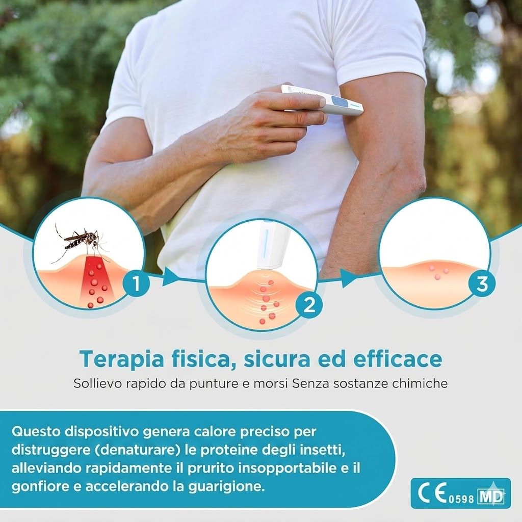 Persona mostra il dispositivo sul braccio. Illustrazioni: zanzara, pelle. Testo: Terapia, sicura ed efficace. Marchio CE.