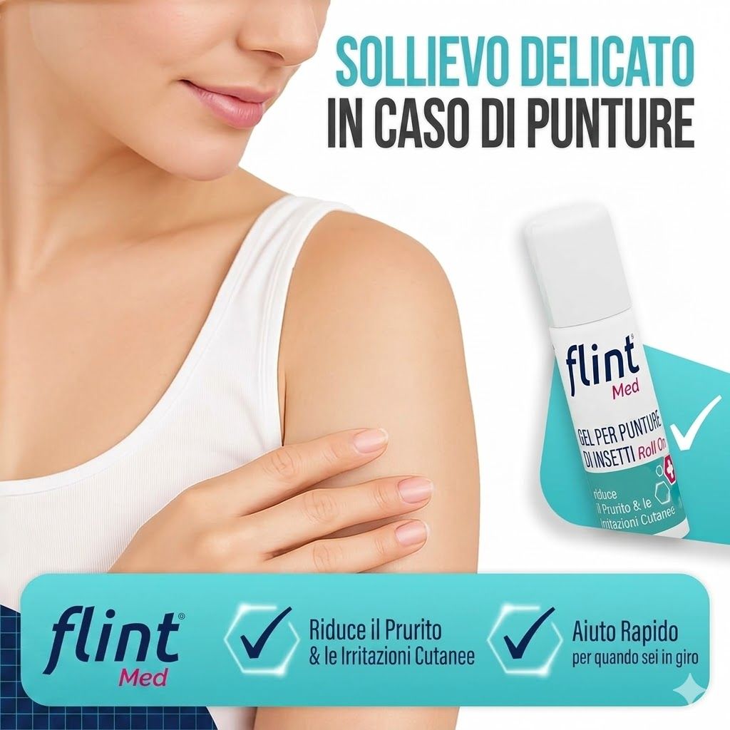 flint Med Gel Roll On punture. Testo: Aiuto delicato per le punture. Riduce prurito e irritazioni.