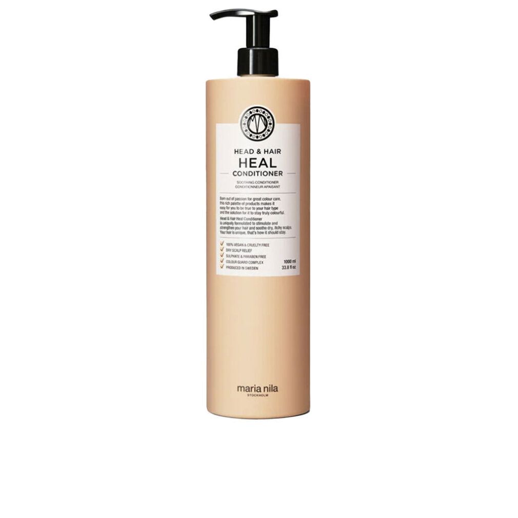 Flacone beige con dosatore nero. Etichetta con testo: HEAD & HAIR HEAL CONDITIONER. Marchio: Maria Nila.