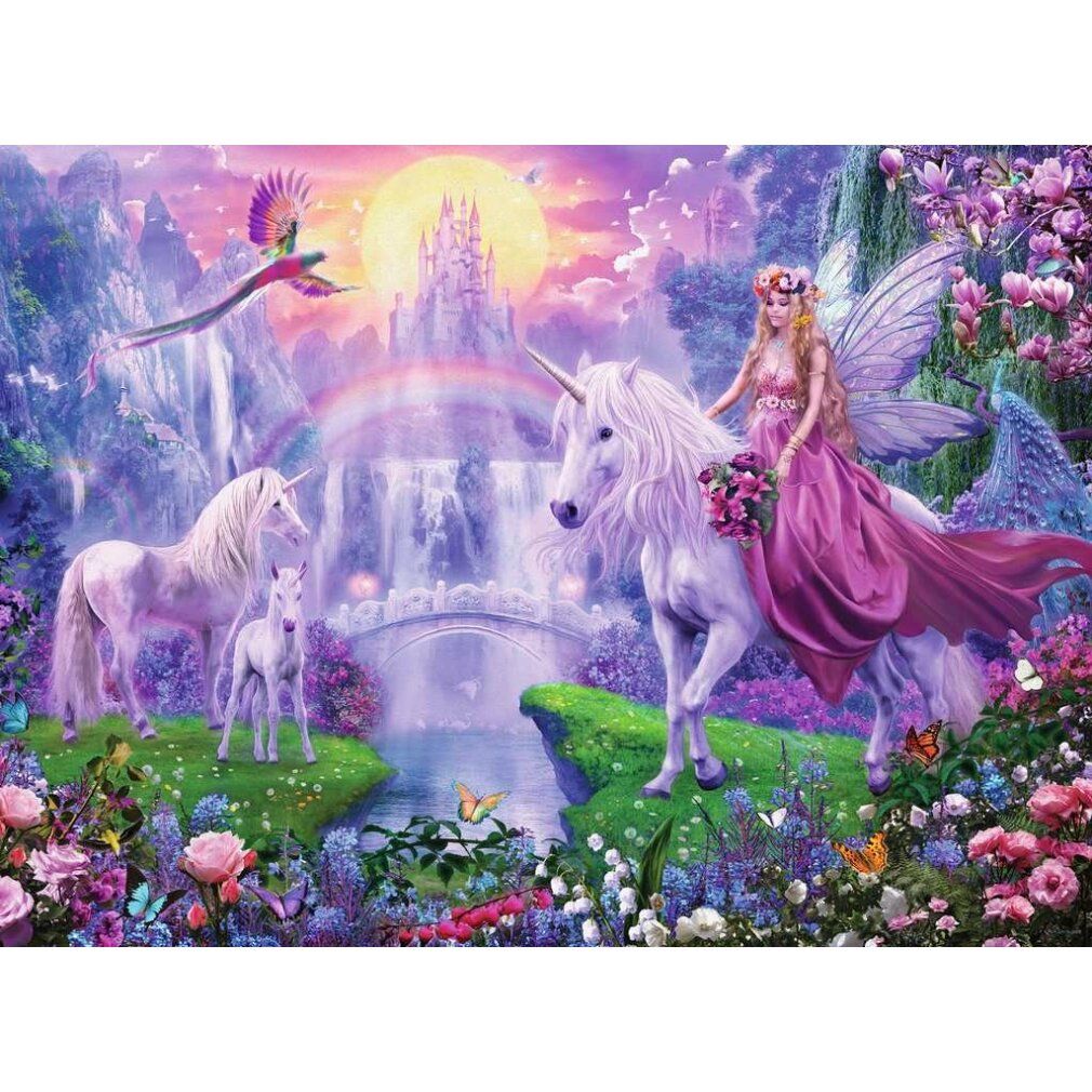 Puzzle con motivo unicorno. Scena con unicorni, fata e arcobaleno. Paesaggio con cascata e castello. Molti fiori e farfalle.