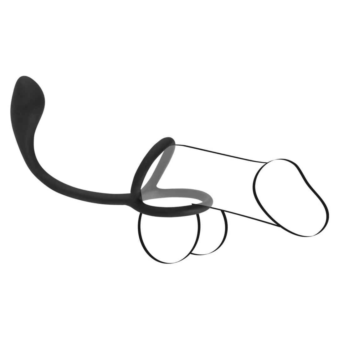 Anello per pene/testicoli nero con plug anale, rappresentato schematicamente. Parte ad anello, asta curva, estremità a goccia. Pene trasparente.
