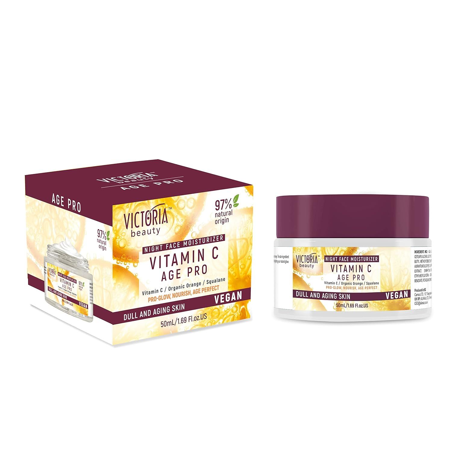 Prodotto Victoria Beauty Vitamin C Age Pro. Vasetto e confezione. Scritta: Night Face Moisturizer. Per pelli spente e mature.