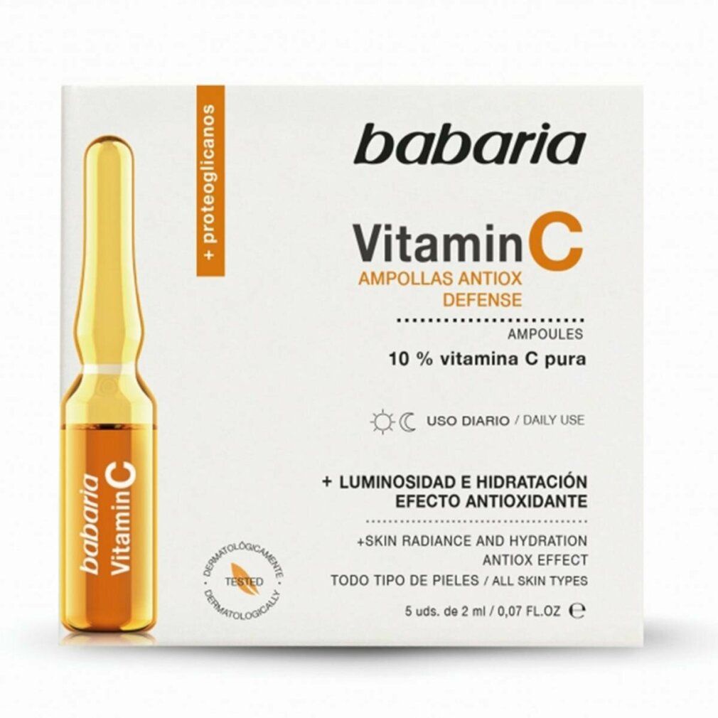 Confezione di fiale Babaria alla vitamina C. Contiene una fiala e una scatola con informazioni sul prodotto. Dermatologicamente testato.