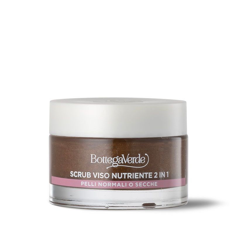 Vaso in vetro con prodotto marrone, coperchio bianco ed etichetta rosa. Testo: Bottega Verde, Scrub Viso Nutriente 2 in 1, Pelli Normali o Secche.
