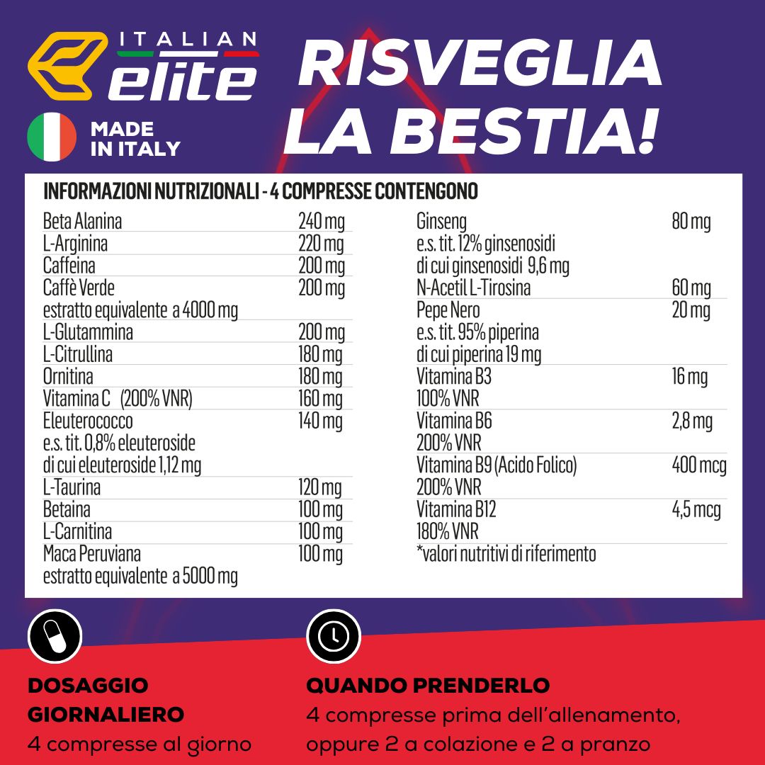 Informazioni nutrizionali. Testo: Italian Elite Pre Workout Extreme. 4 compresse contengono: Beta Alanina, L-Arginina, Caffeina, etc.