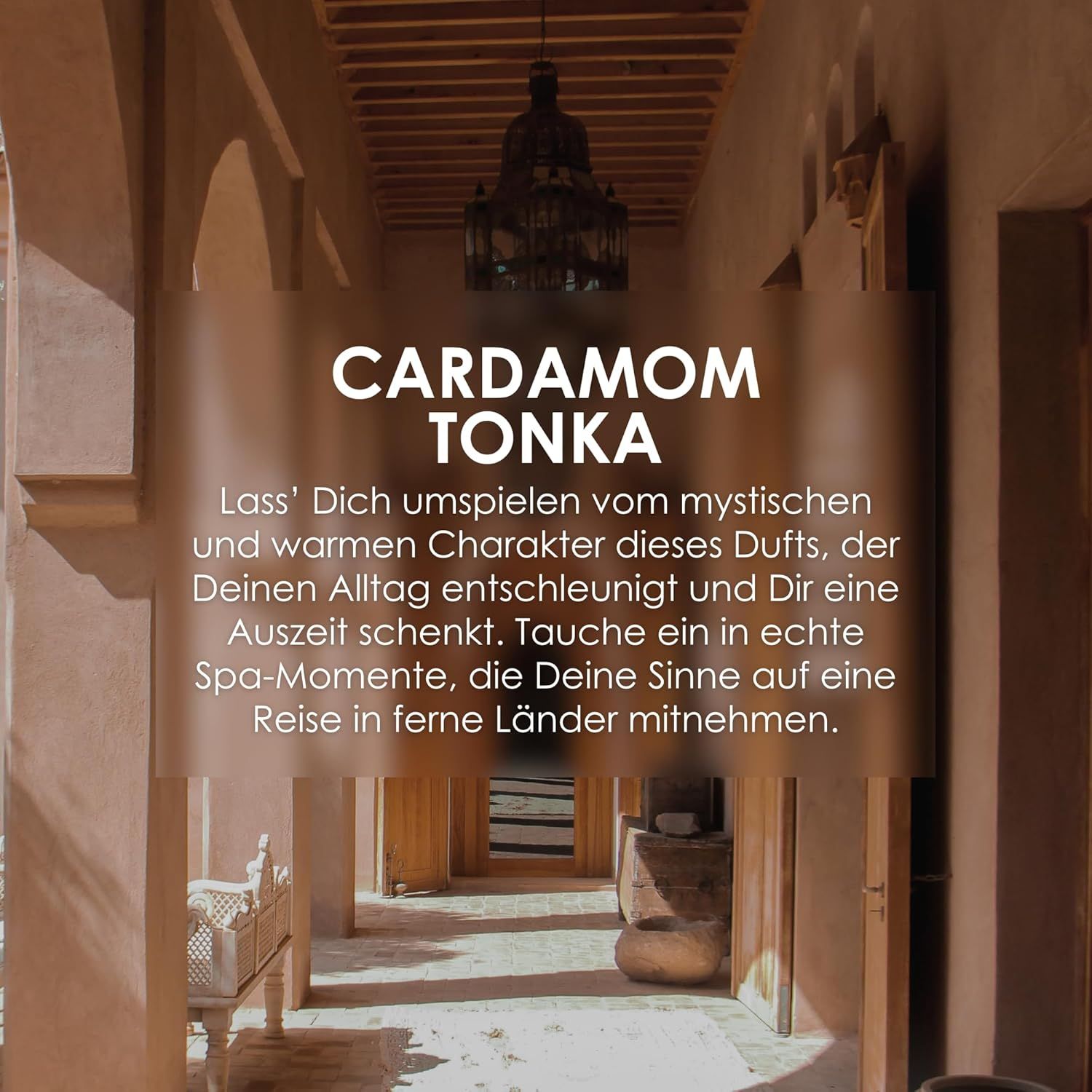Interno con archi. Testo: Cardamom Tonka. Descrizione della fragranza e del suo effetto sui sensi.