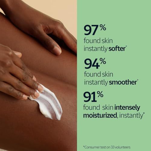 Applicazione di crema sulla pelle. Testo: 97% pelle più morbida, 94% pelle più liscia, 91% idratata intensamente.