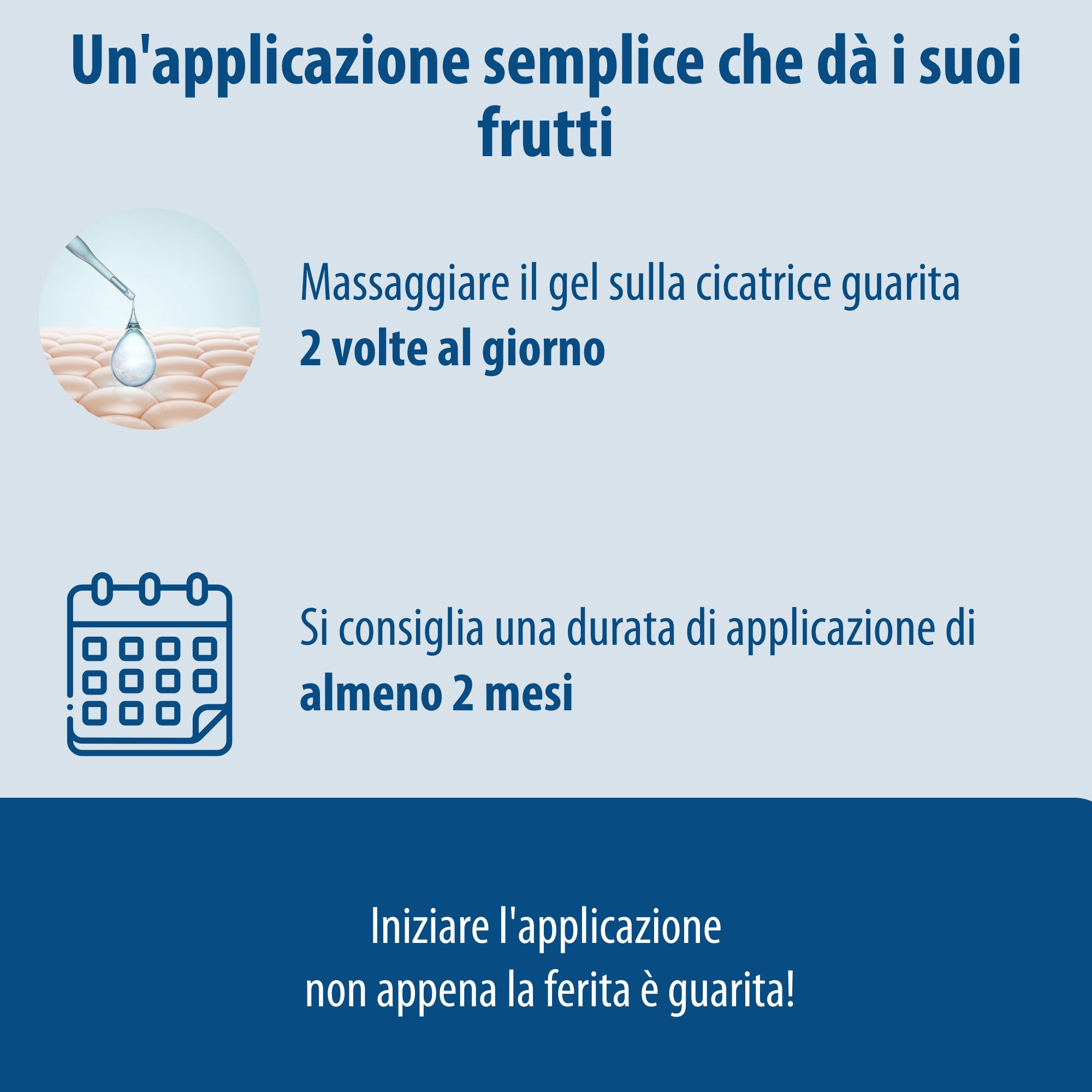 Evolsin Gel per cicatrici. Uso: massaggiare 2 volte al giorno sulla cicatrice. Usare per almeno 2 mesi. Istruzioni.