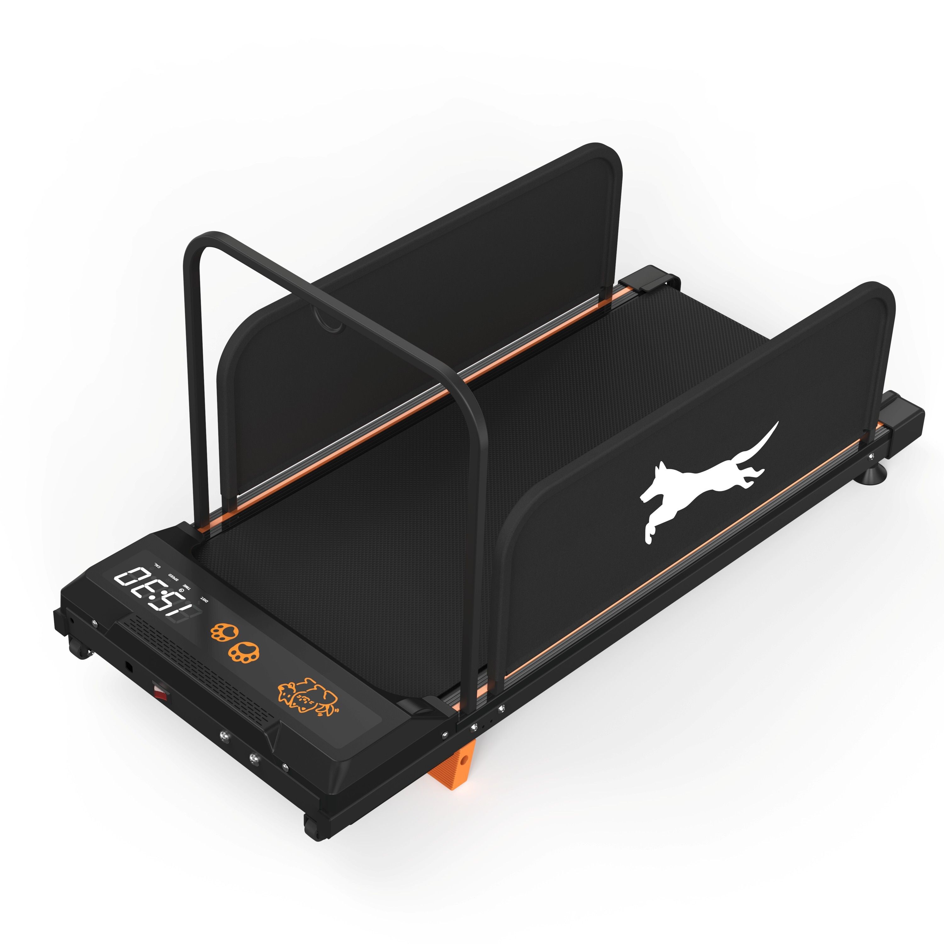 Tapis roulant nero per cani, protezioni laterali, maniglia. Display digitale, dettagli arancioni.