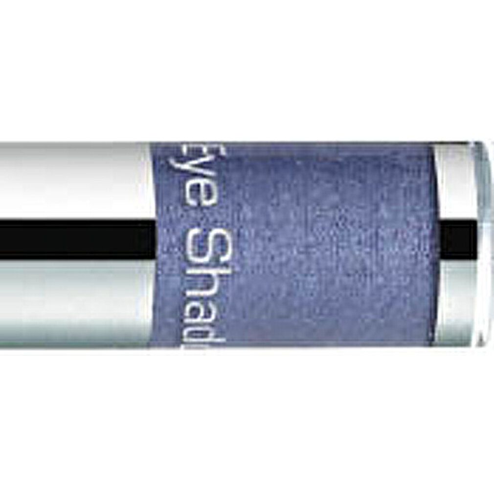 Primo piano di un contenitore argentato con ombretto blu. Scritta "Eye Shad".