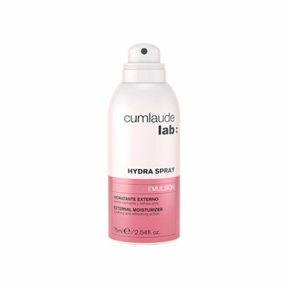 Flacone spray bianco e rosa. Testo: cumlaude lab:, HYDRA SPRAY, EMULSION, EXTERNAL MOISTURIZER. Con erogatore.