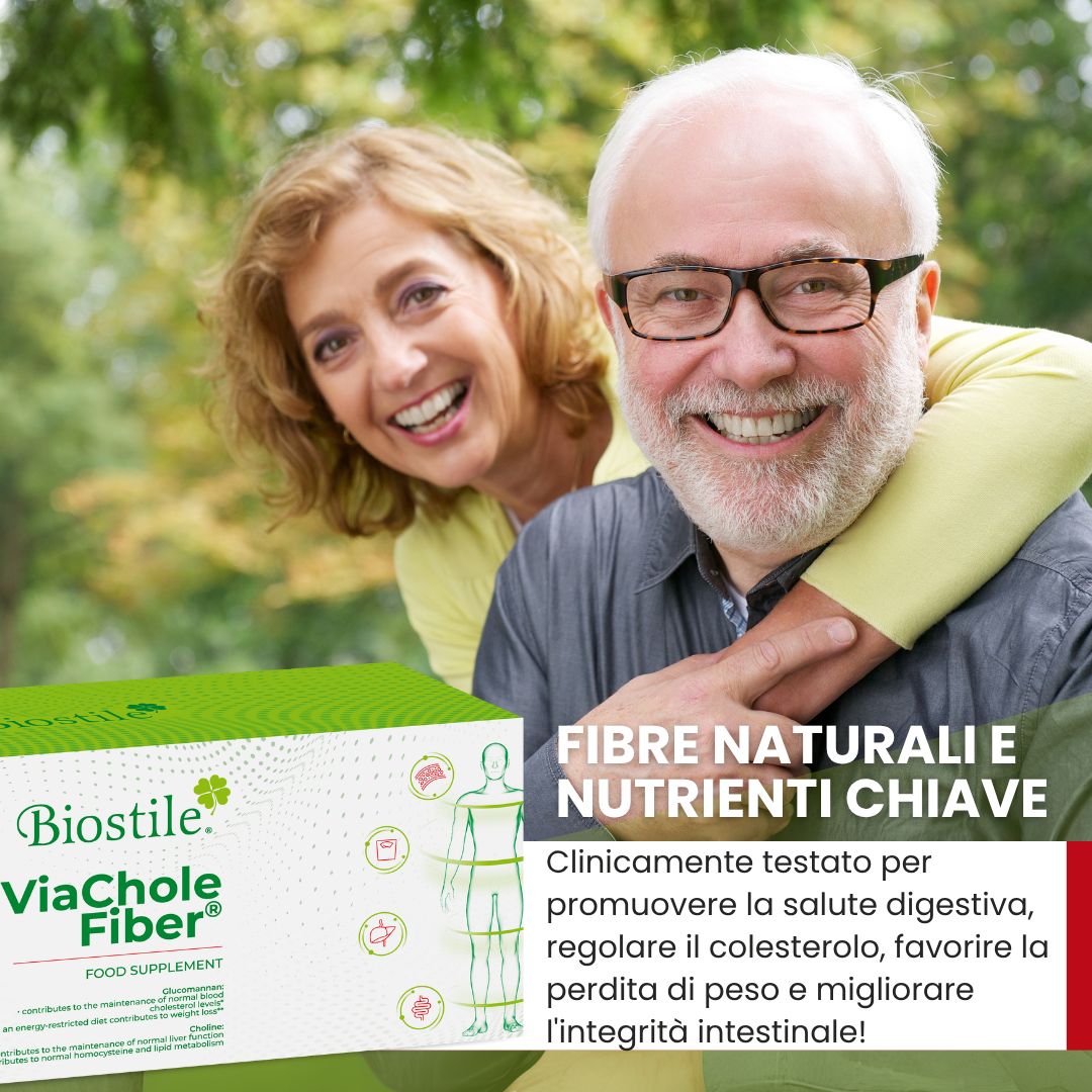 Coppia anziana sorridente. Confezione Biostile ViaChole Fiber. Testo: Fibre naturali & nutrienti chiave. Clinicamente testato.
