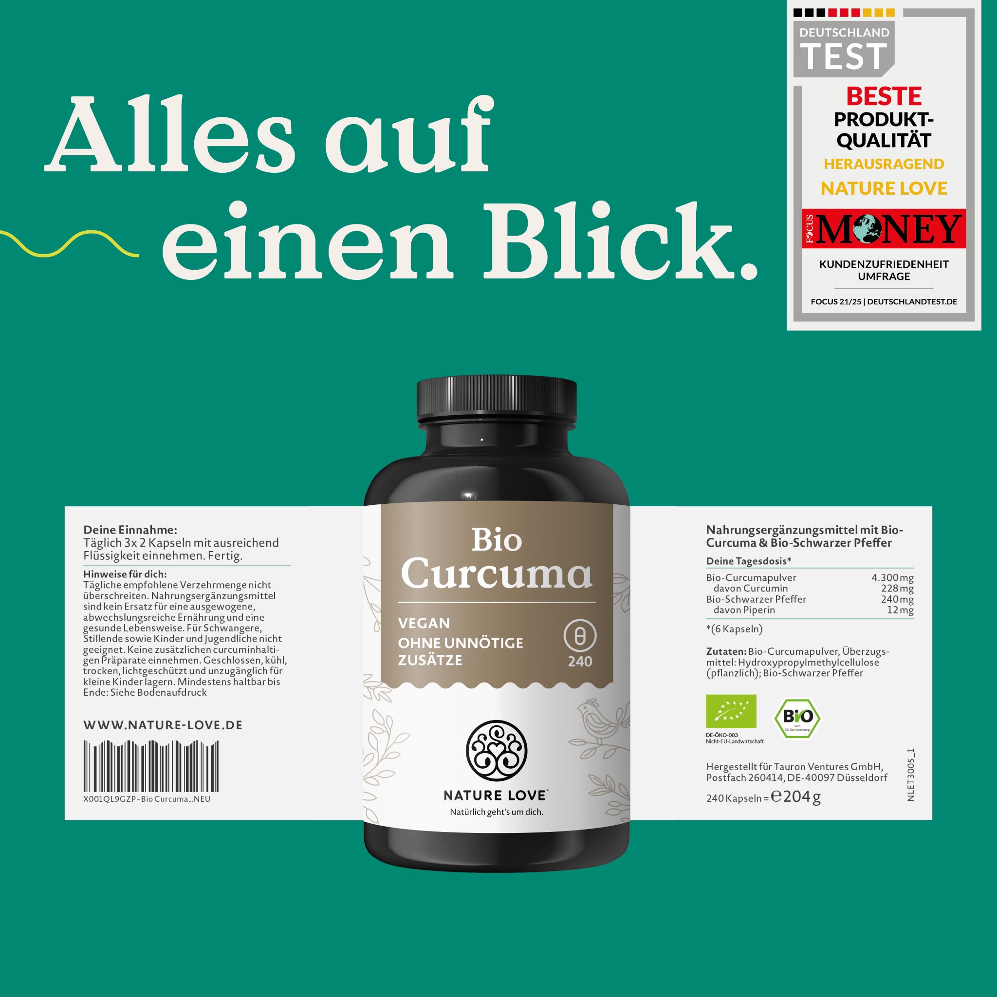 NATURE LOVE Bio Curcuma: Bottiglia da 240 capsule. Vegano, senza additivi inutili.