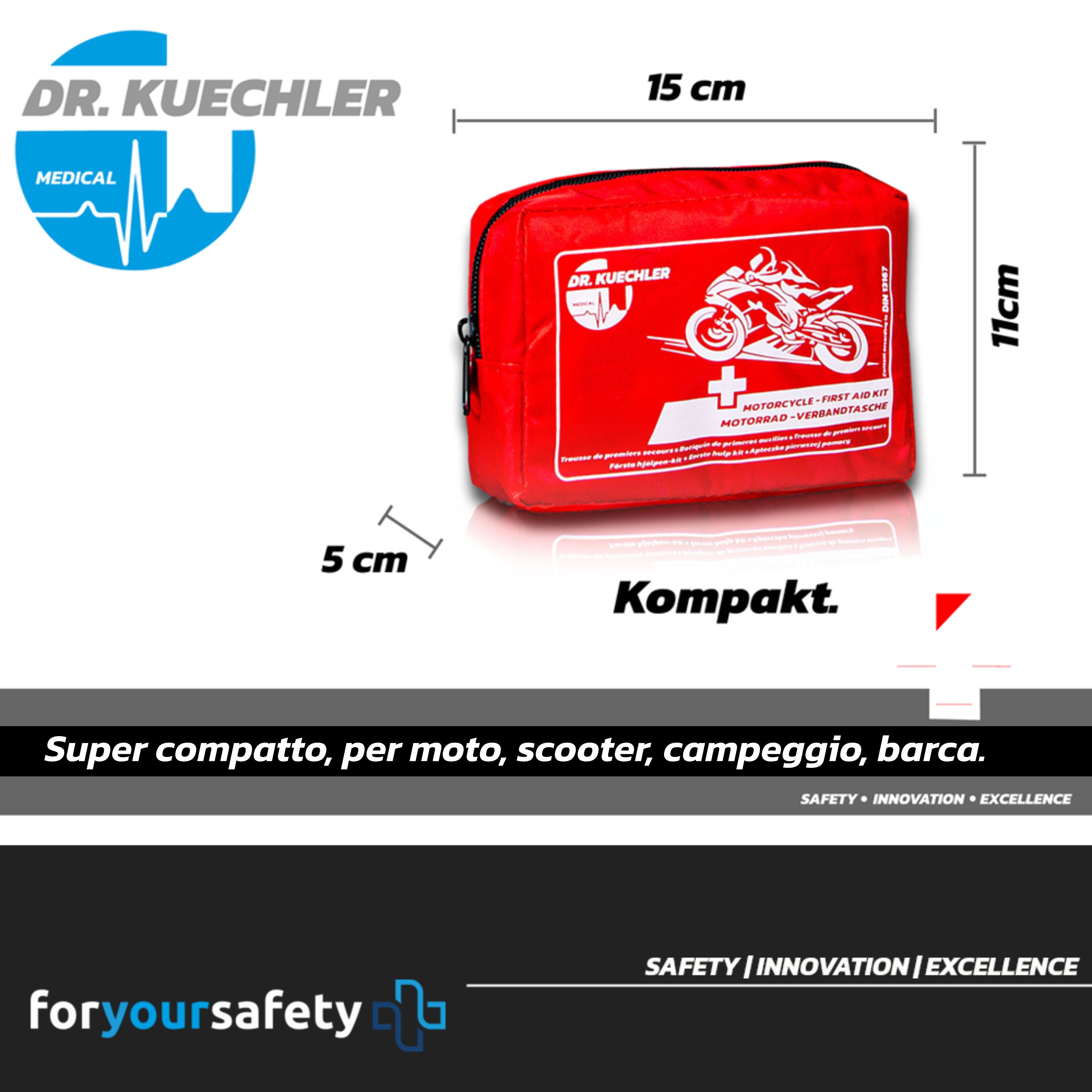Borsa di pronto soccorso rossa per moto. Dimensioni: 15x11x5 cm. Testo: Kompakt.