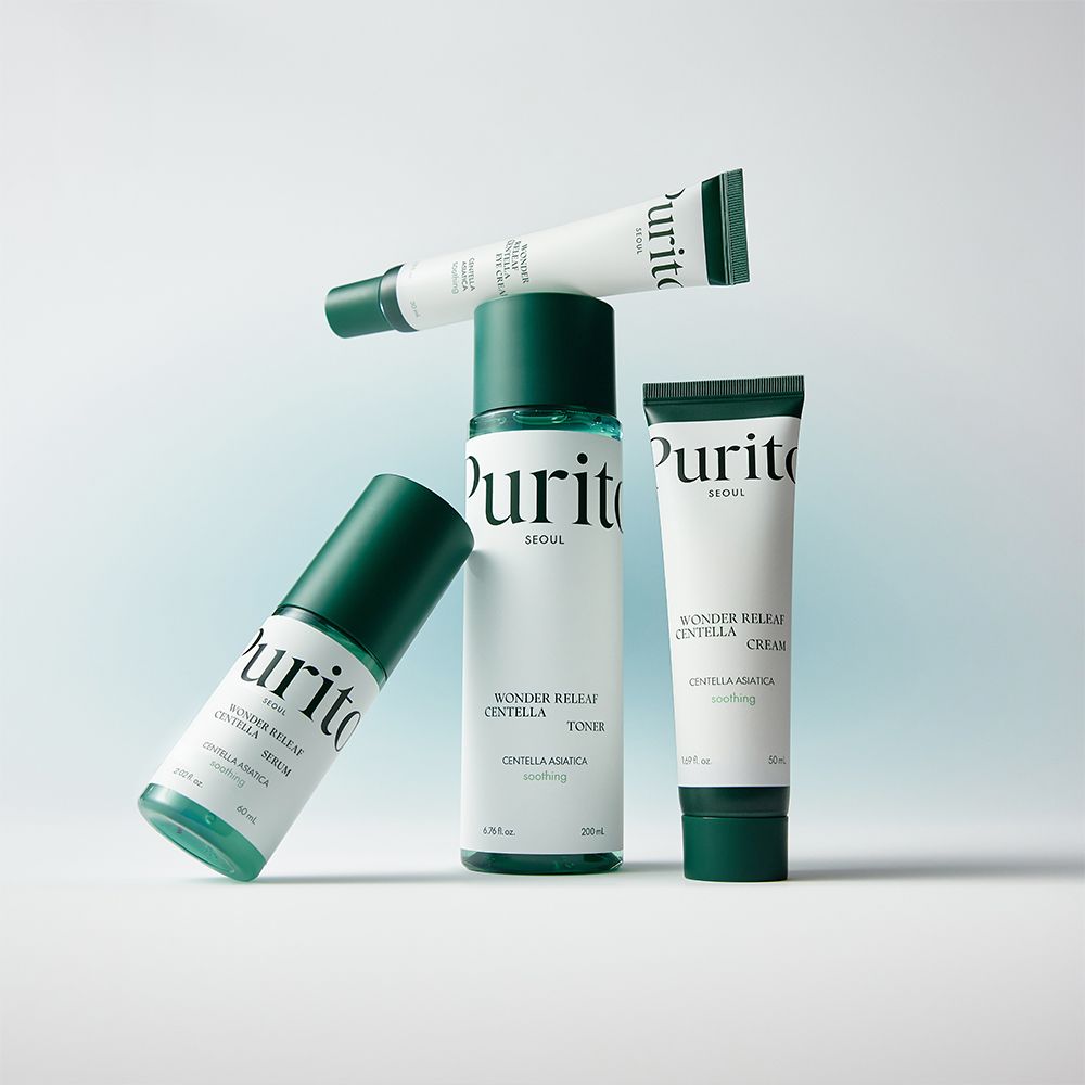 Vari prodotti per la cura della pelle Purito, tra cui tonico, siero e creme.