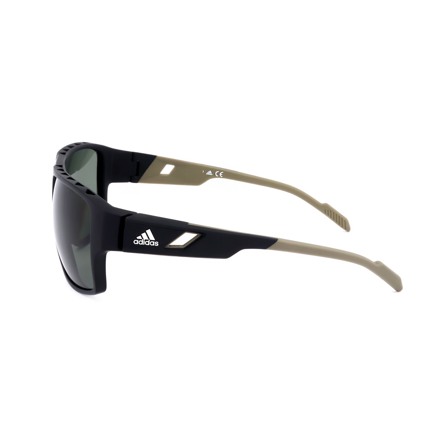Occhiali da sole sportivi Adidas neri con aste color kaki e logo argentato.