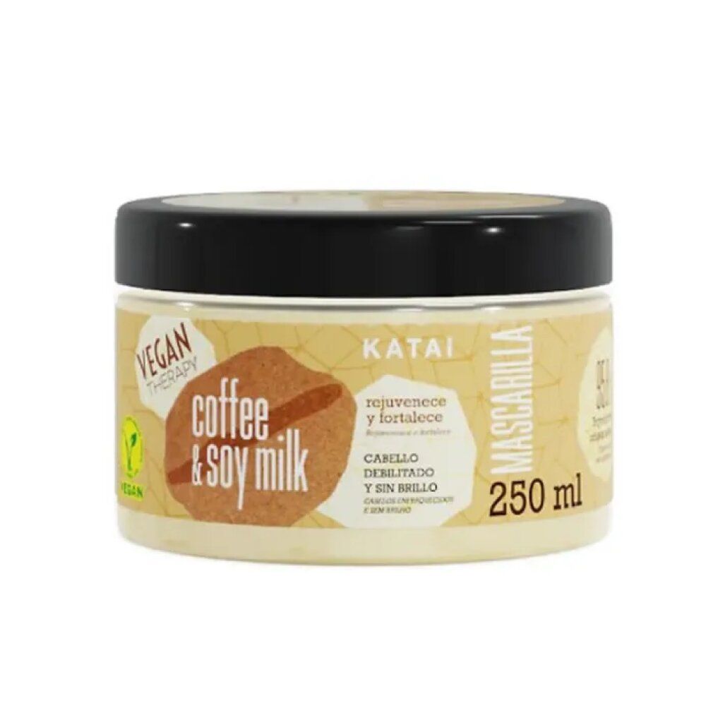 Barattolo di crema con coperchio nero. Scritta: Katai, coffee & soy milk, Mascarilla, 250 ml. Logo vegan.