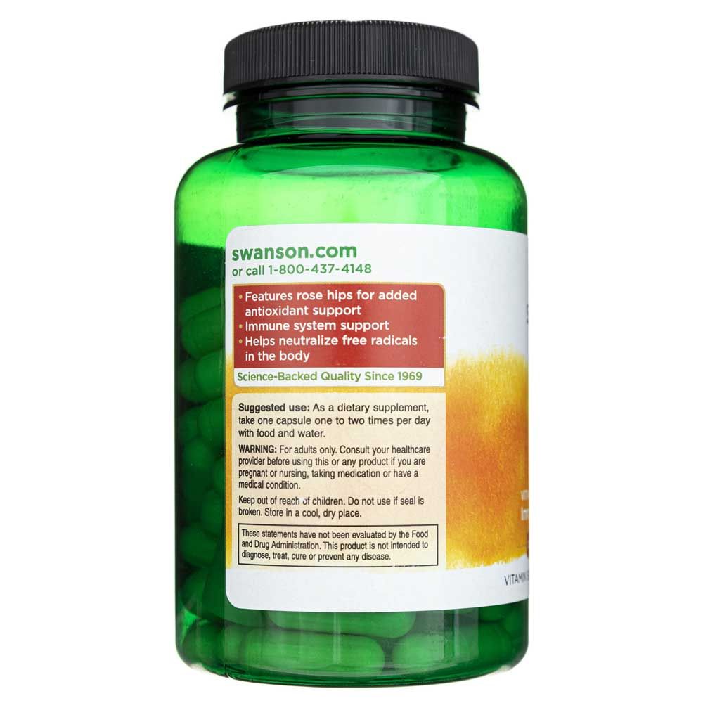 Retro di un barattolo verde Swanson C-1000 Vitamina C, con dettagli su rosa canina e sistema immunitario.