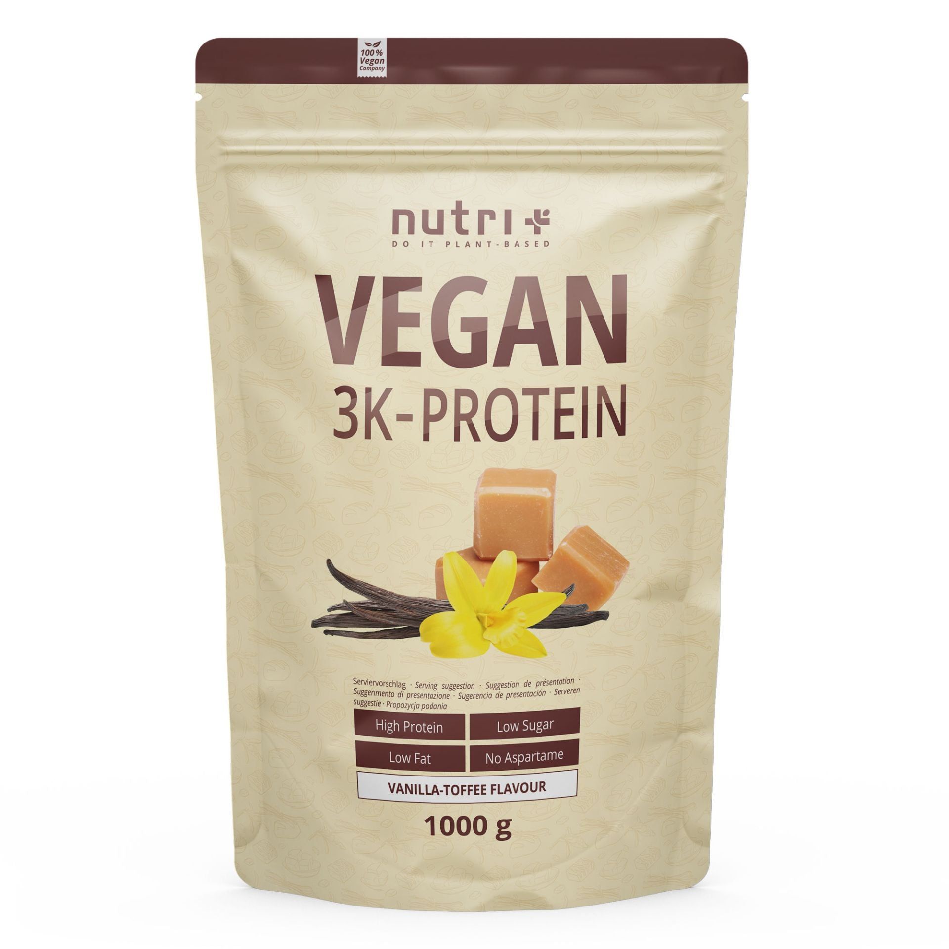 Fronte di una confezione di nutri+ Proteine Vegane in Polvere 3k, gusto Vaniglia-Toffee, 1000g.