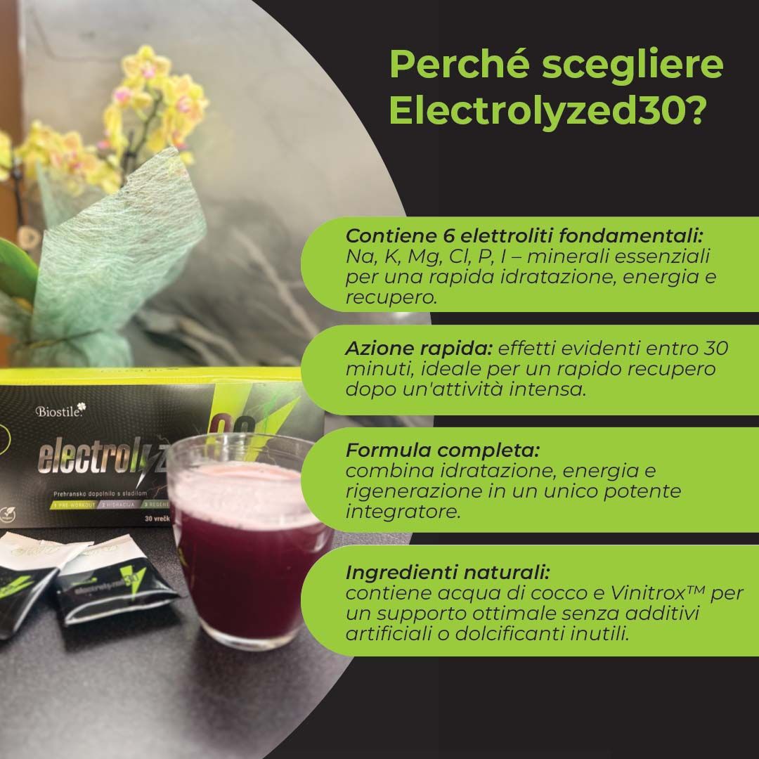 Bicchiere con bevanda, confezione prodotto e testo. Testo: "Perché scegliere Electrolyzed30?" e ingredienti.