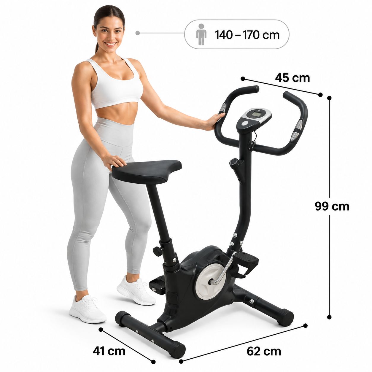Cyclette nera con display LCD che mostra frequenza cardiaca, calorie, distanza, tempo e velocità.
