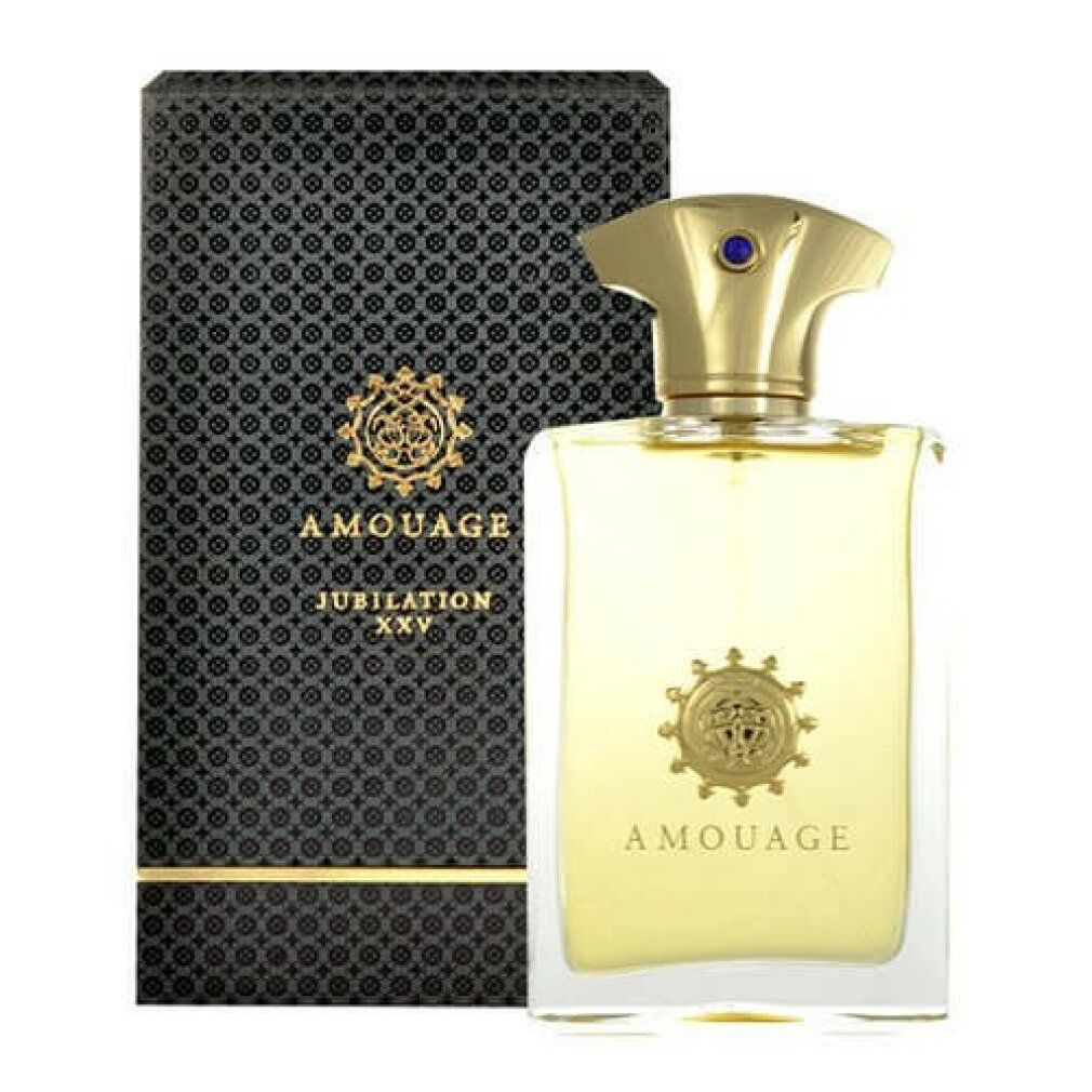 Flacone di profumo accanto alla confezione. Flacone con tappo dorato e logo. Confezione con logo e scritta 'Amouage Jubilation XXV'.