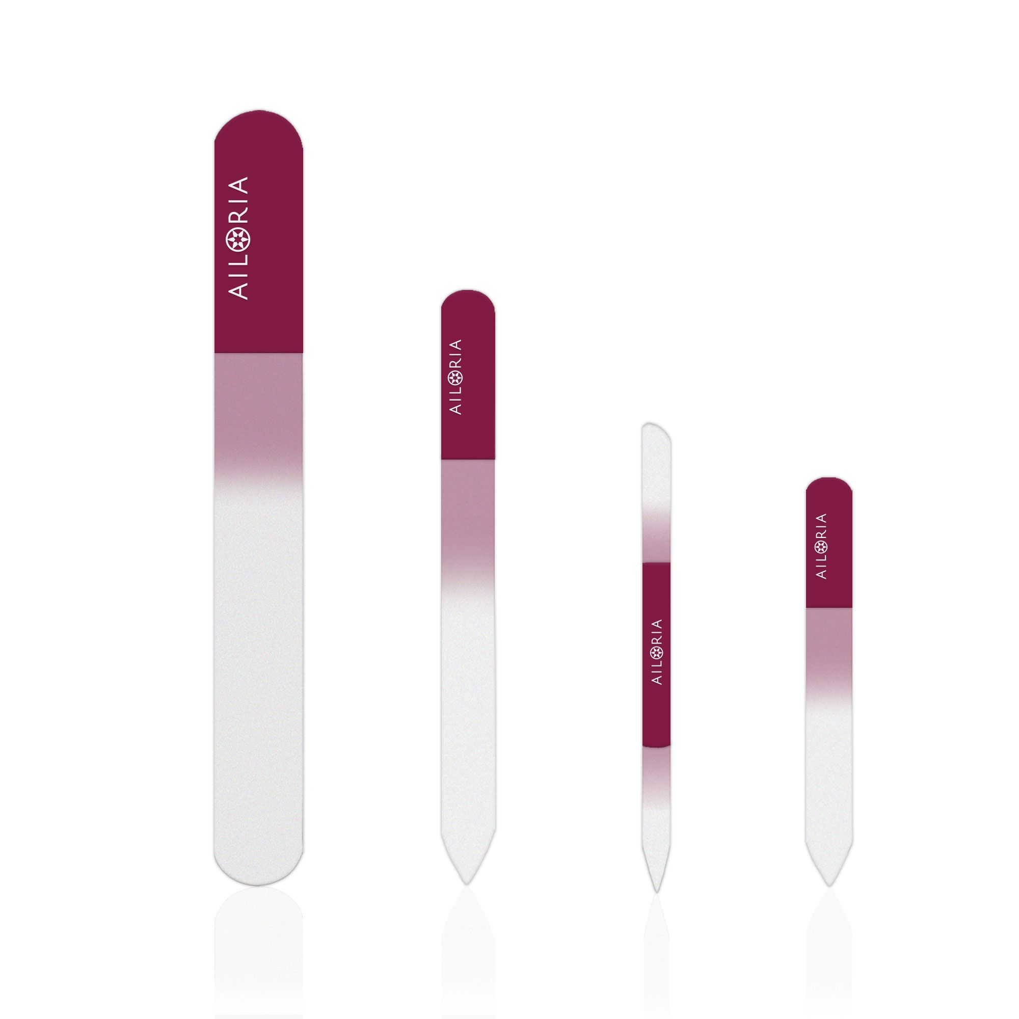 Set di quattro lime per unghie in vetro. Ogni lima ha un manico bordeaux con il marchio AILORIA.