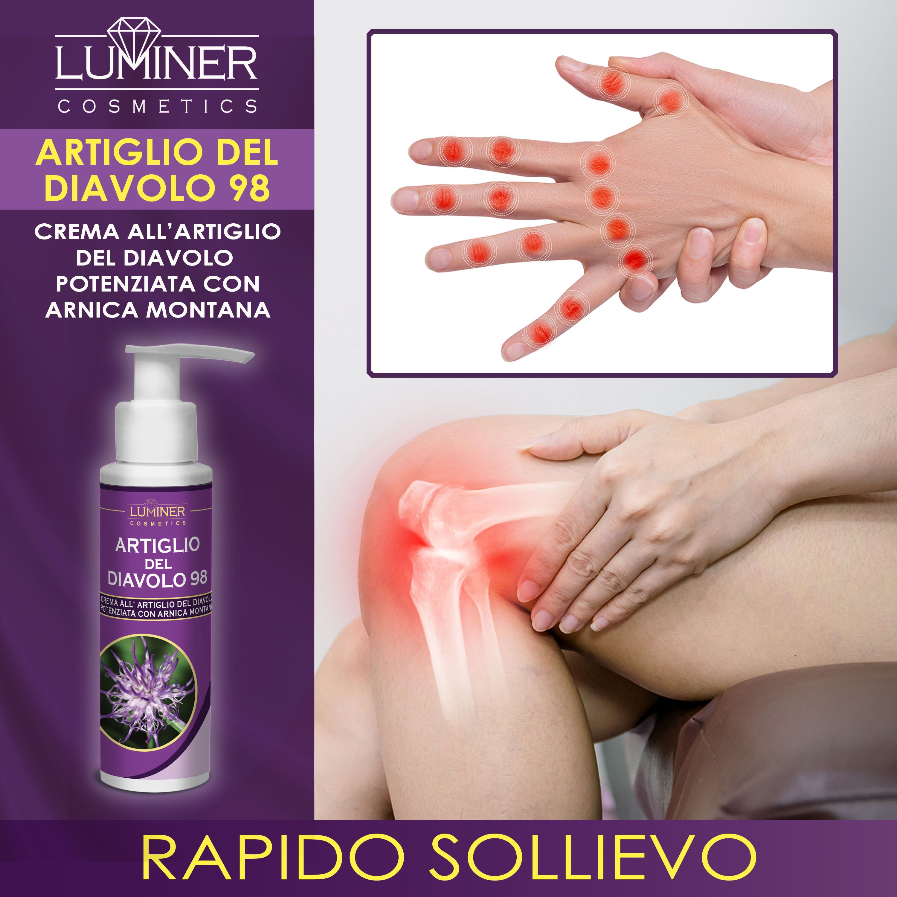 Mani e ginocchio con punti di dolore, accanto alla crema LUMINER Artiglio del Diavolo 98.