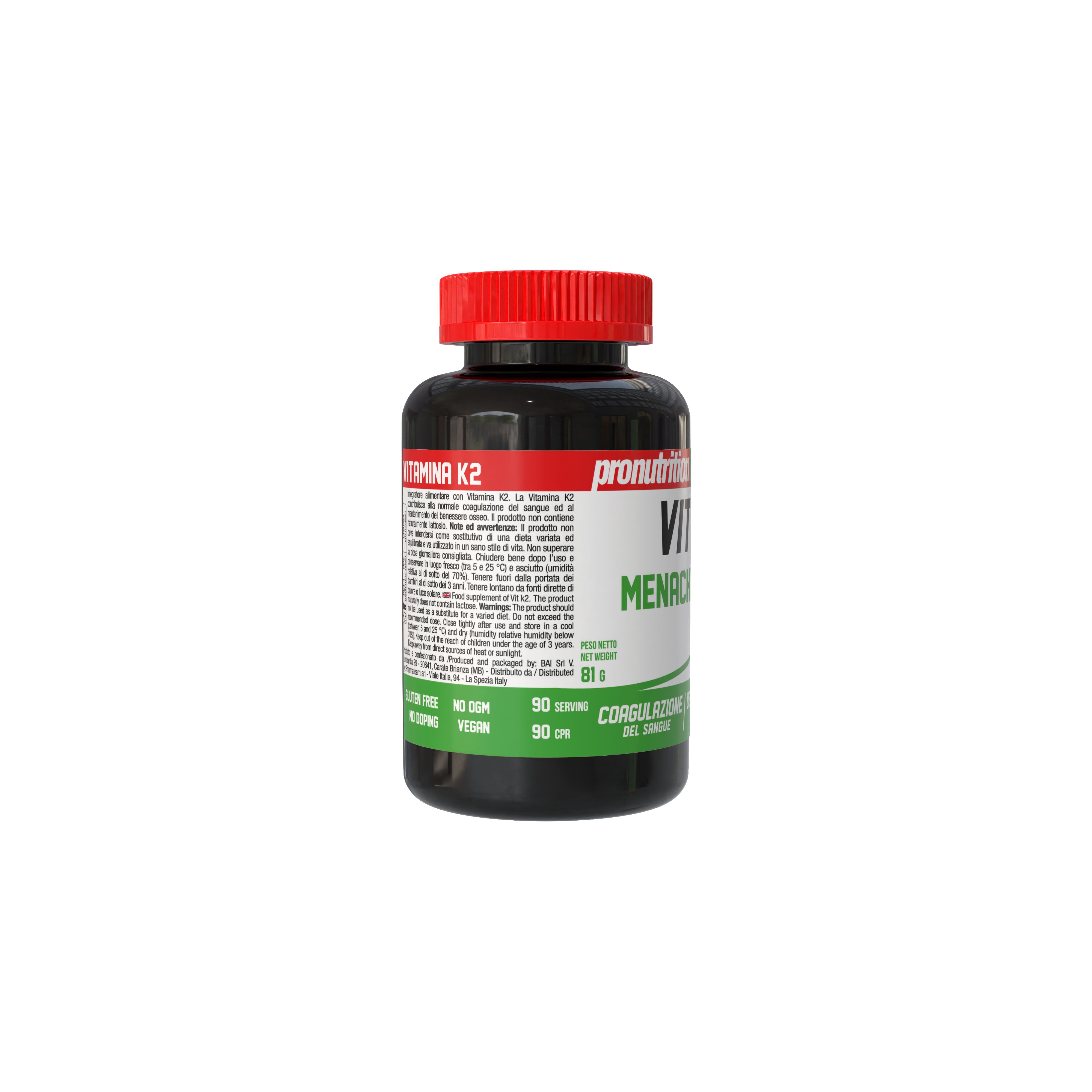 Flacone scuro con tappo rosso. Etichetta con testo Vitamina K2 Menachinone. Etichetta verde e bianca con testo e informazioni. 90 compresse.