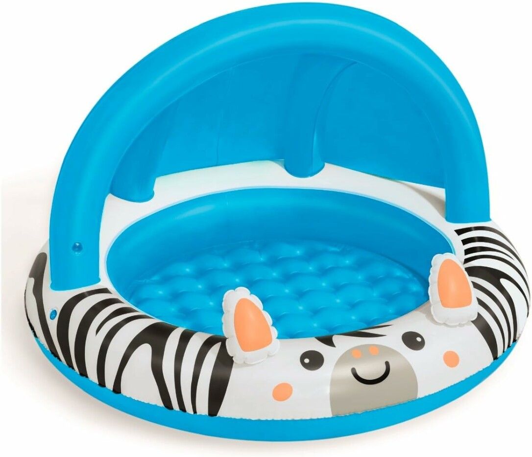 Piscina rotonda con parasole blu. Design zebrato con faccina e zampette.